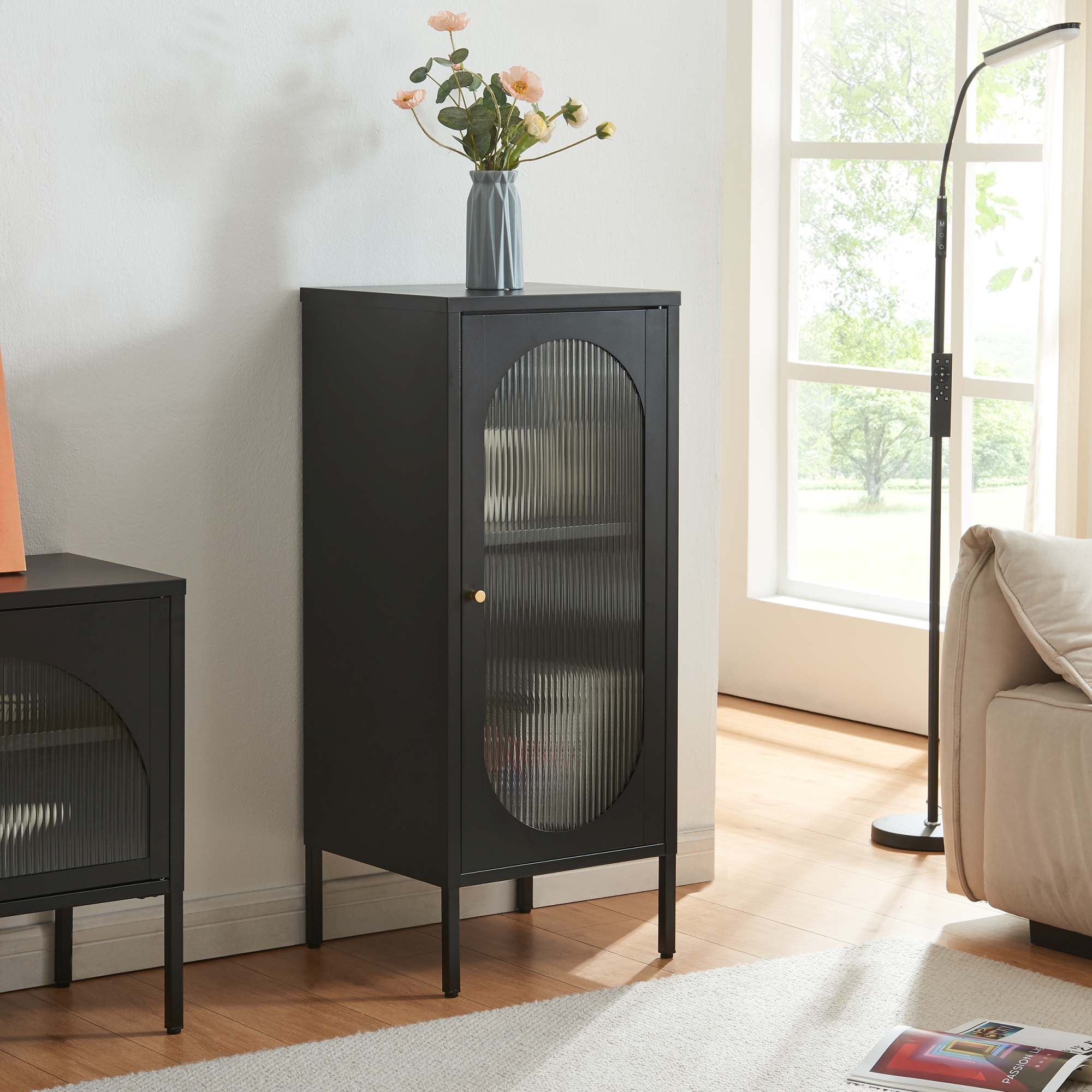 Image of Armadietto a Vetrata Karlskrona in Acciaio 102x43x40 cm Nero [en.casa]