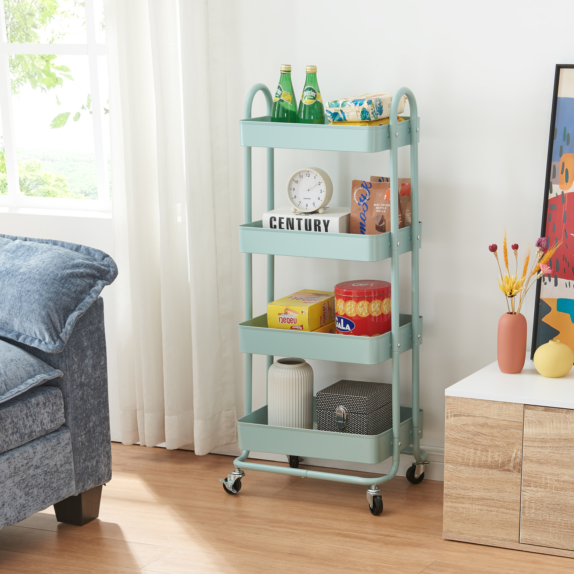 Carrello da Stoccaggio Pyhäntä con 4 Contenitori - Acciaio Menta Verde [en.casa]