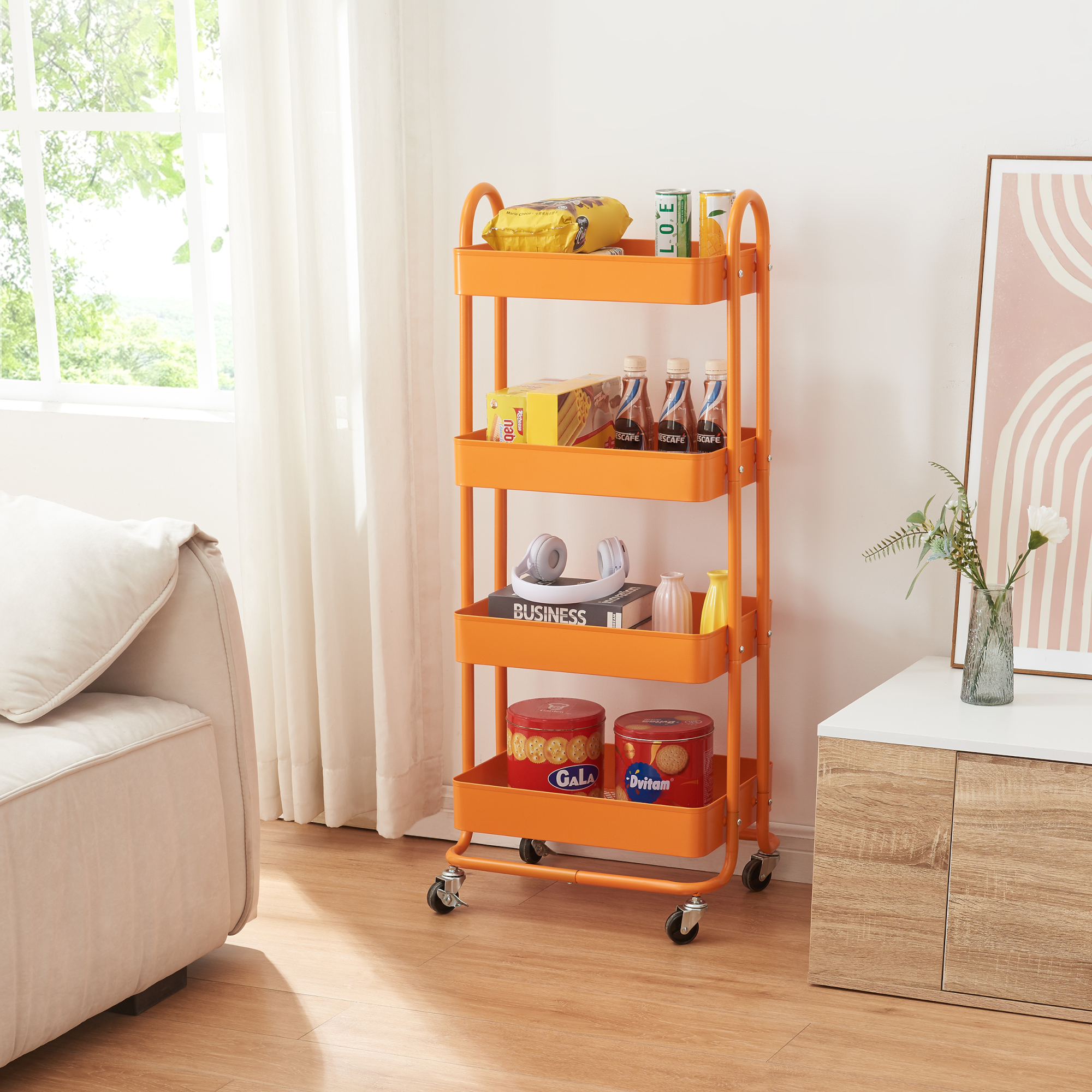 Carrello da Stoccaggio Pyhäntä con 4 Contenitori - Acciaio Arancione [en.casa]