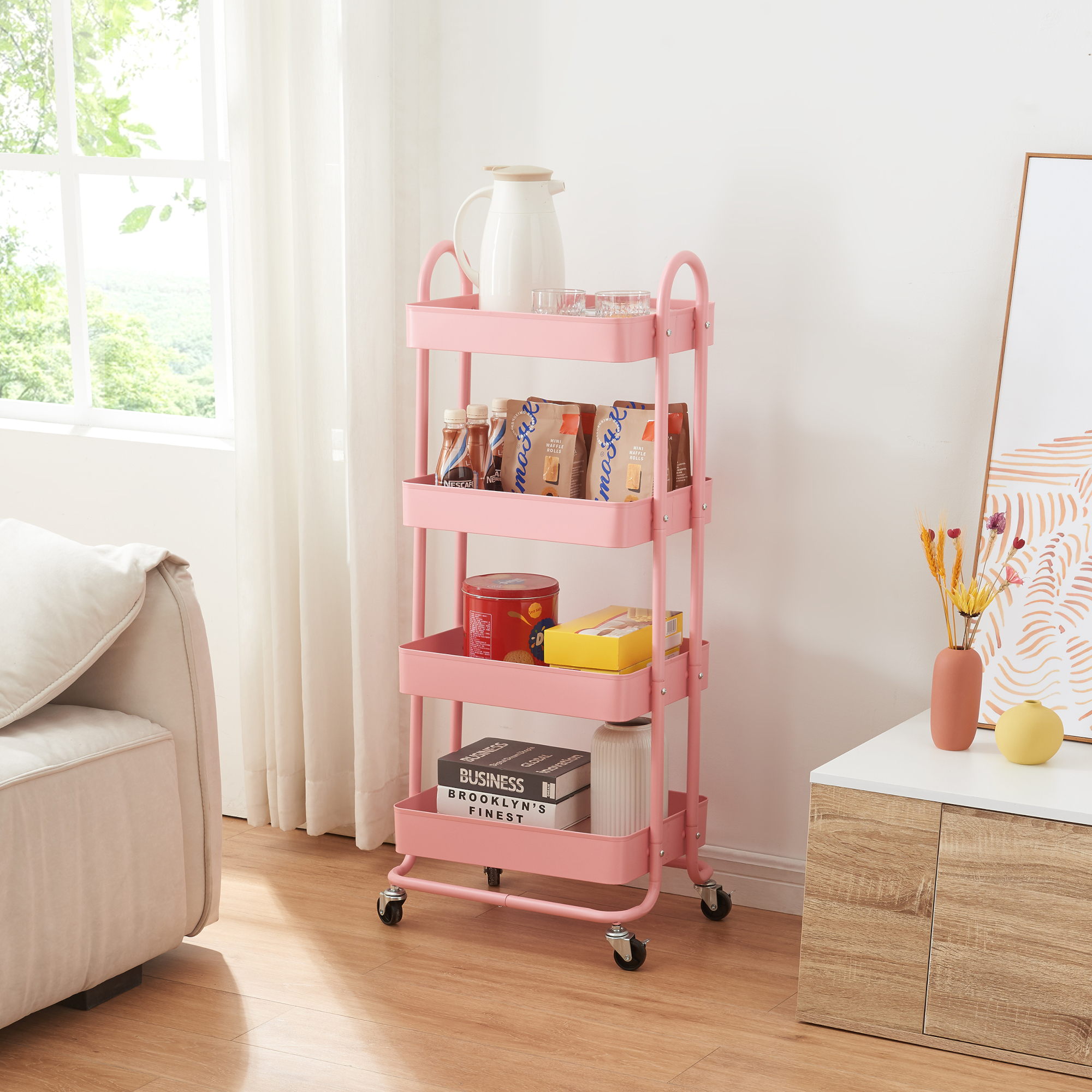 Carrello da Stoccaggio Pyhäntä con 4 Contenitori - Acciaio Rosa [en.casa]