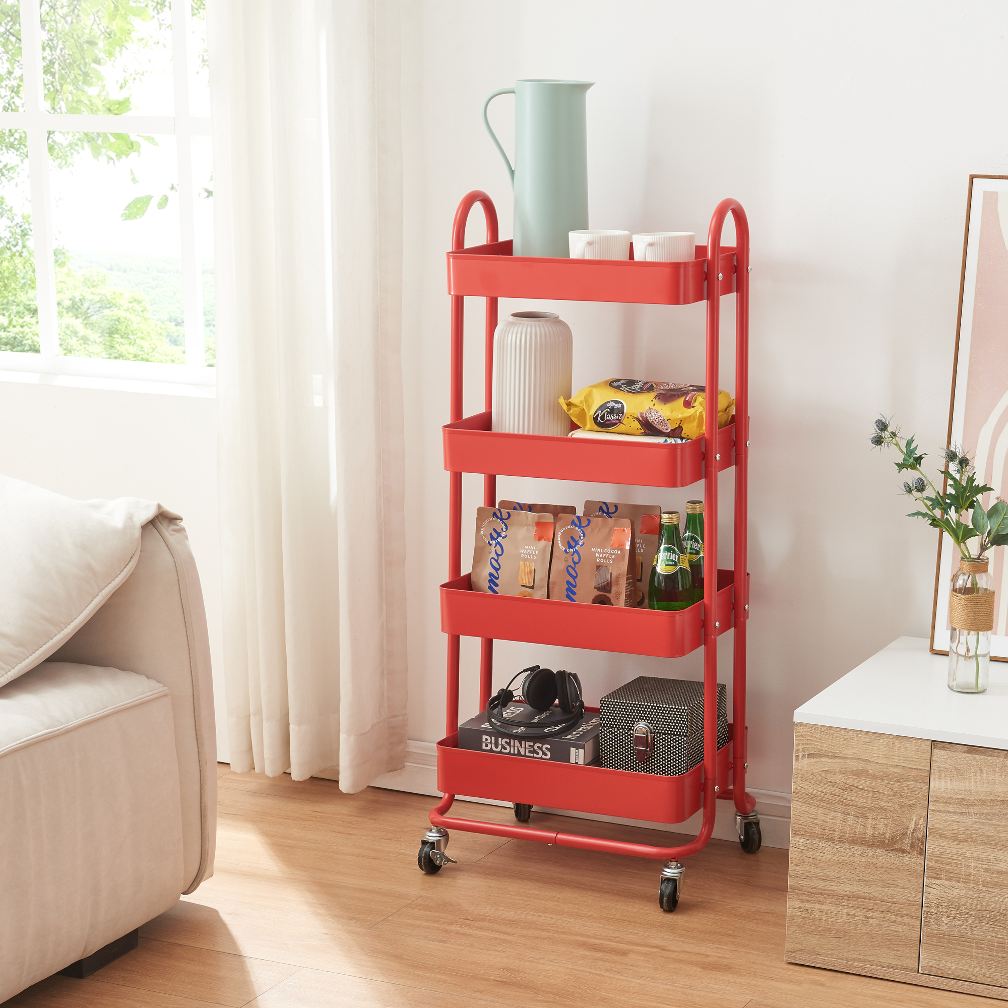 Carrello da Stoccaggio Pyhäntä con 4 Contenitori - Acciaio Rosso [en.casa]
