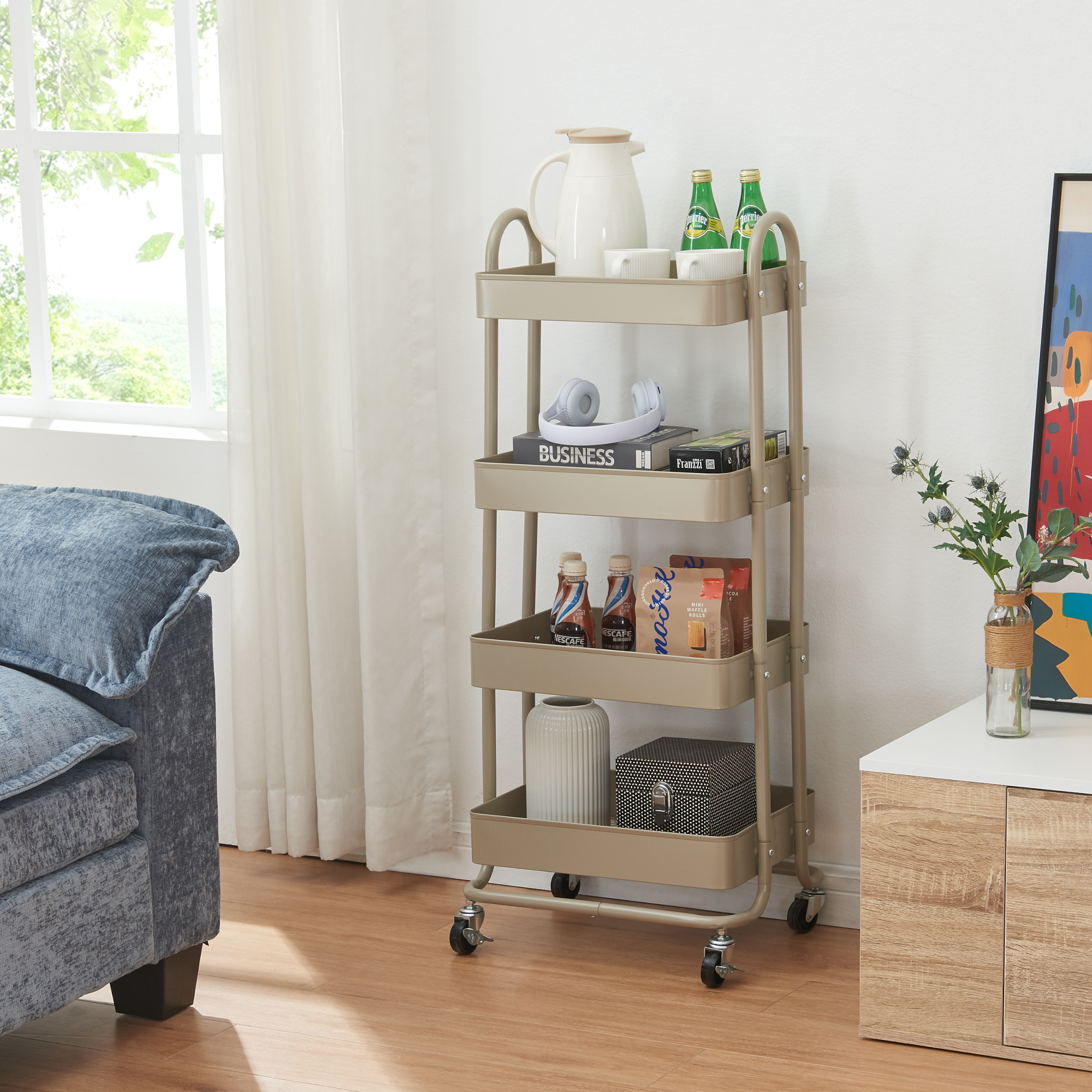 Carrello da Stoccaggio Pyhäntä con 4 Contenitori - Acciaio color Cammello [en.casa]
