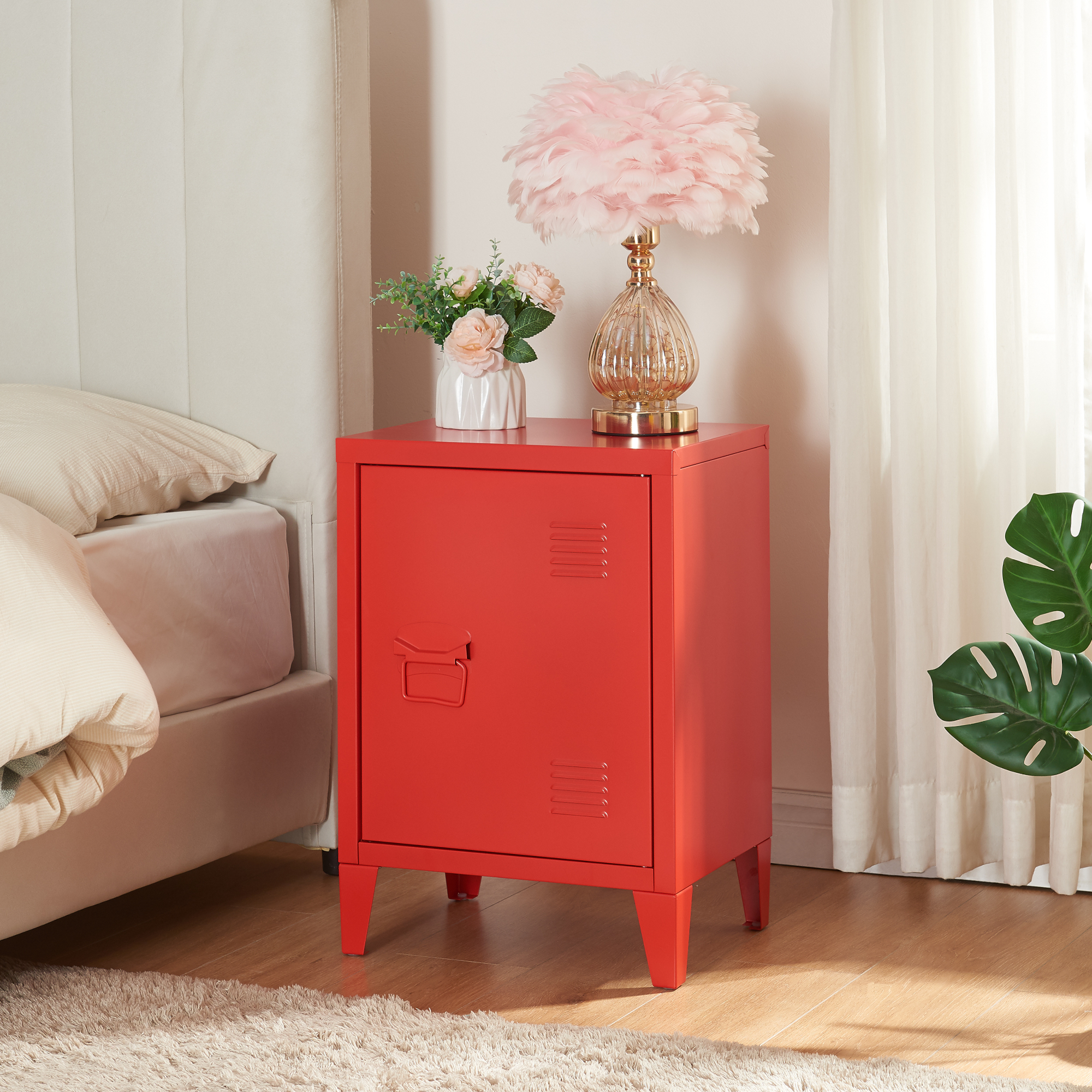 Comodino 'Inari' in Acciaio con Anta - Rosso [en.casa]