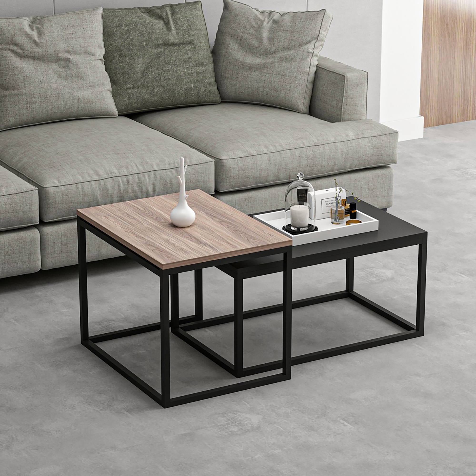 Set di 2 Tavolini Bassi 'Aabenraa' Tavolini Sovrapponibili - Rovere / Nero [en.casa]