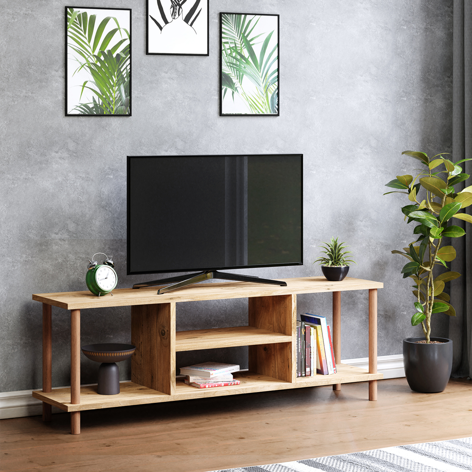 Mobile Basso Porta TV 'Ærøskøbing' con Scomparti Aperti e Gambe di Faggio - color Legno [en.casa]