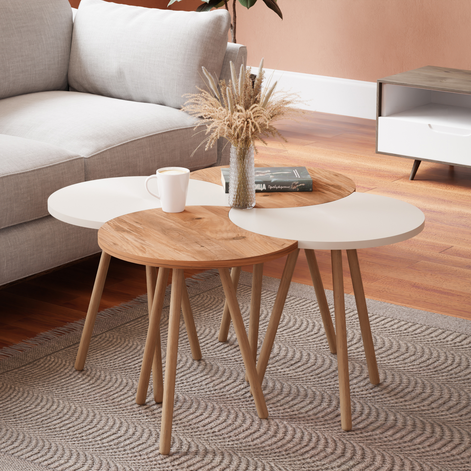 Set di 4 Tavolini Componibili 'Højer' Tavolino Basso 4 in1 - Bianco / Effetto Legno [en.casa]