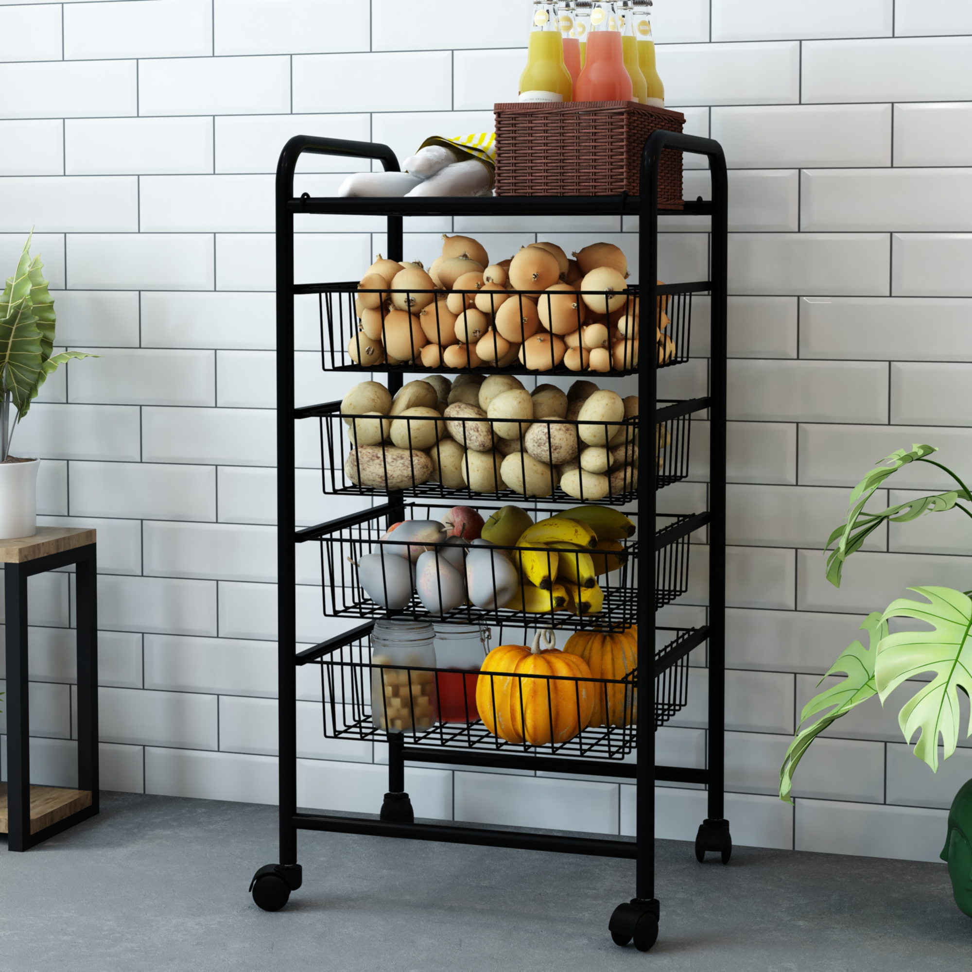 Carrello da Cucina 'Rudbjerg' Carrello con 4 Cesti a Rete e Piano Rimovibile Scaffale per Conservare Frutta e Verdura