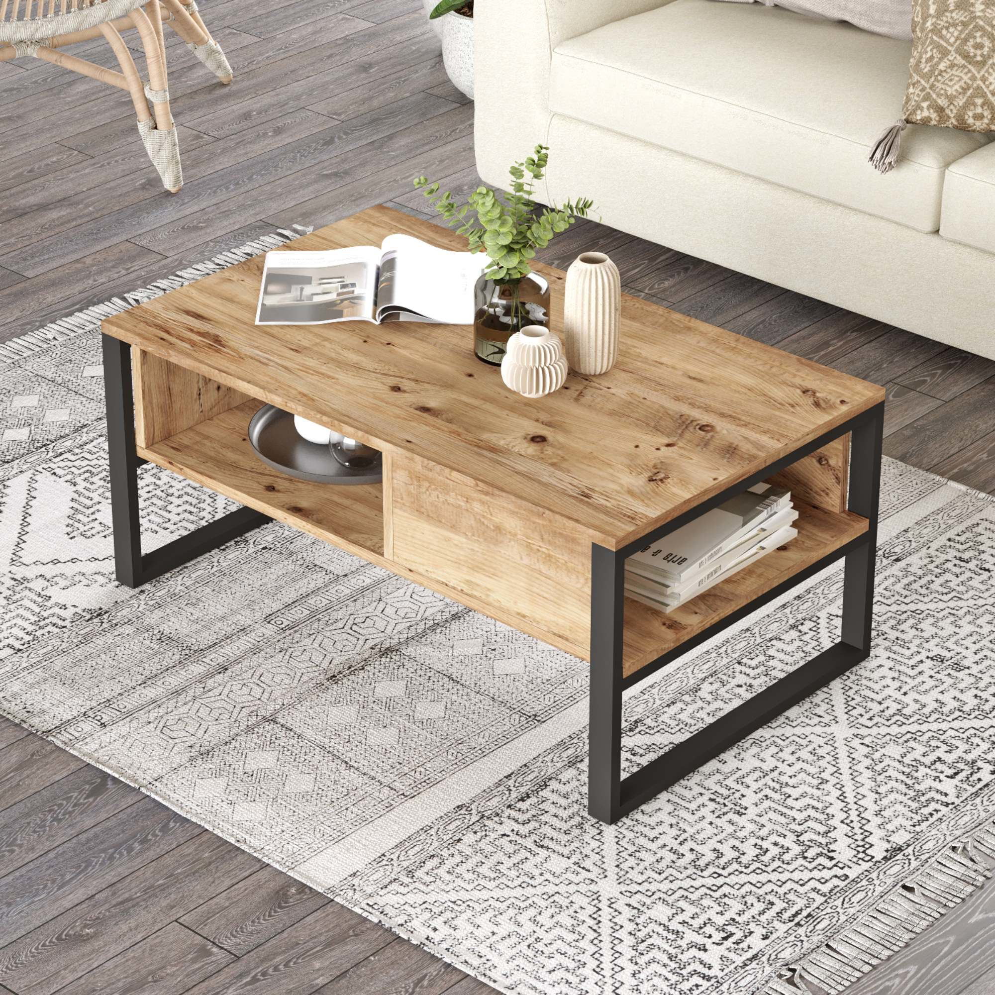 Tavolino Centrale da Salotto Laukaa con Scomparti 45 x 100 x 60 cm Rovere Rustico/Nero [en.casa]