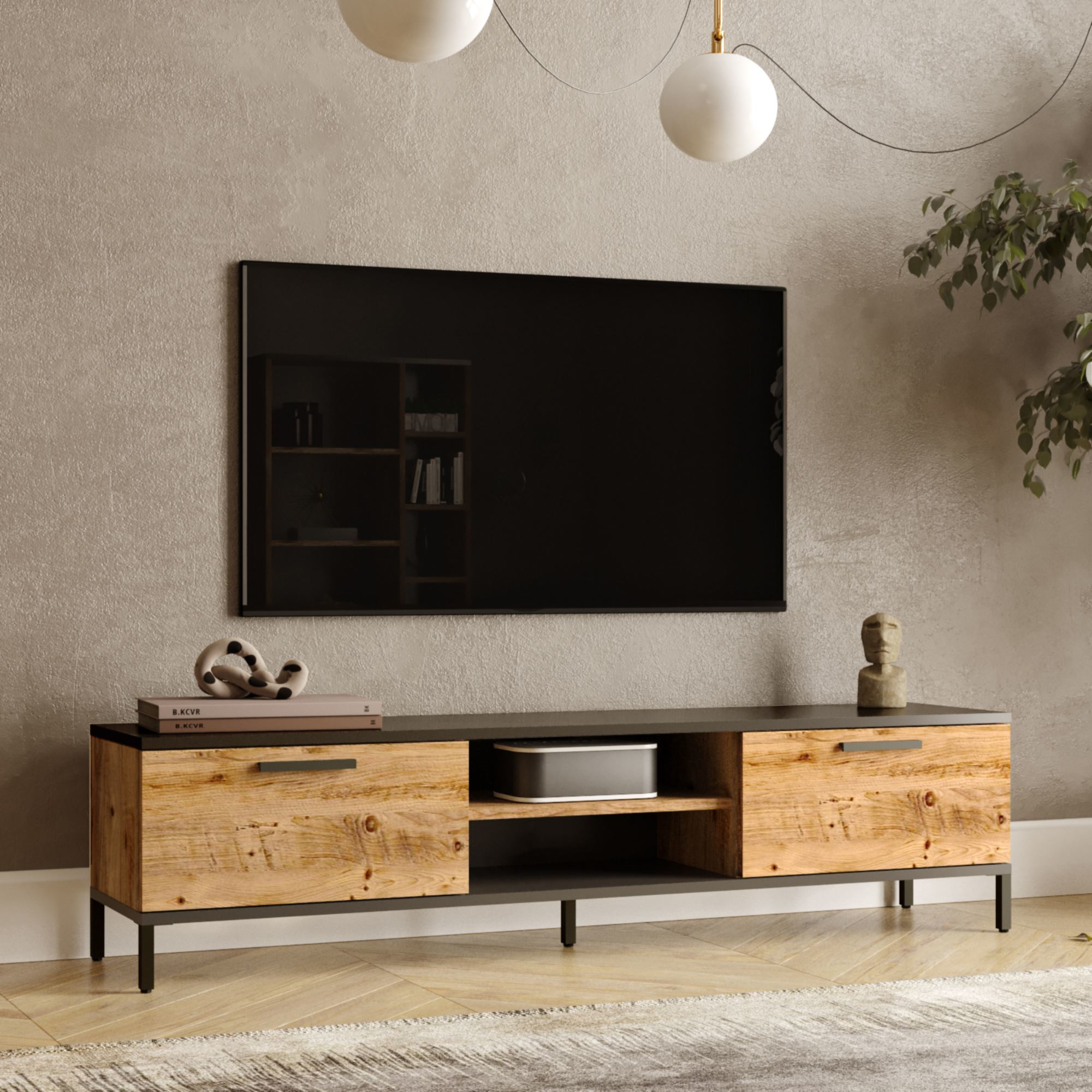 Mobile Basso 'Lempäälä' Supporto TV con Passaggio Cavi Consolle con Sportelli a Ribalta - Rovere Rustico/Antracite