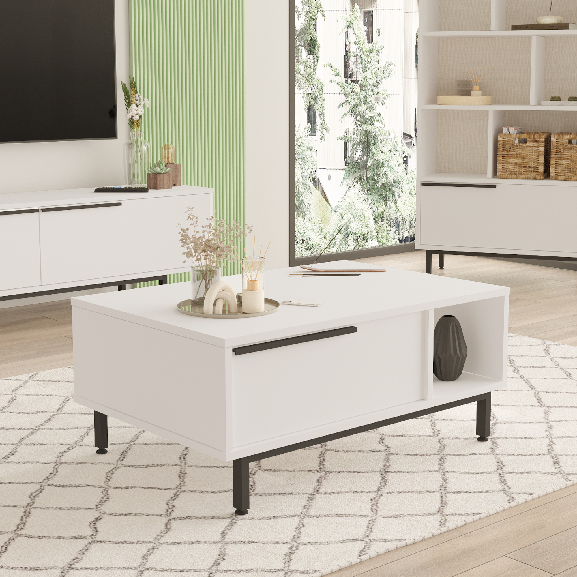 Tavolino Majaajoå da Salotto con Scomparto Chiuso e Aperto - Bianco [en.casa]