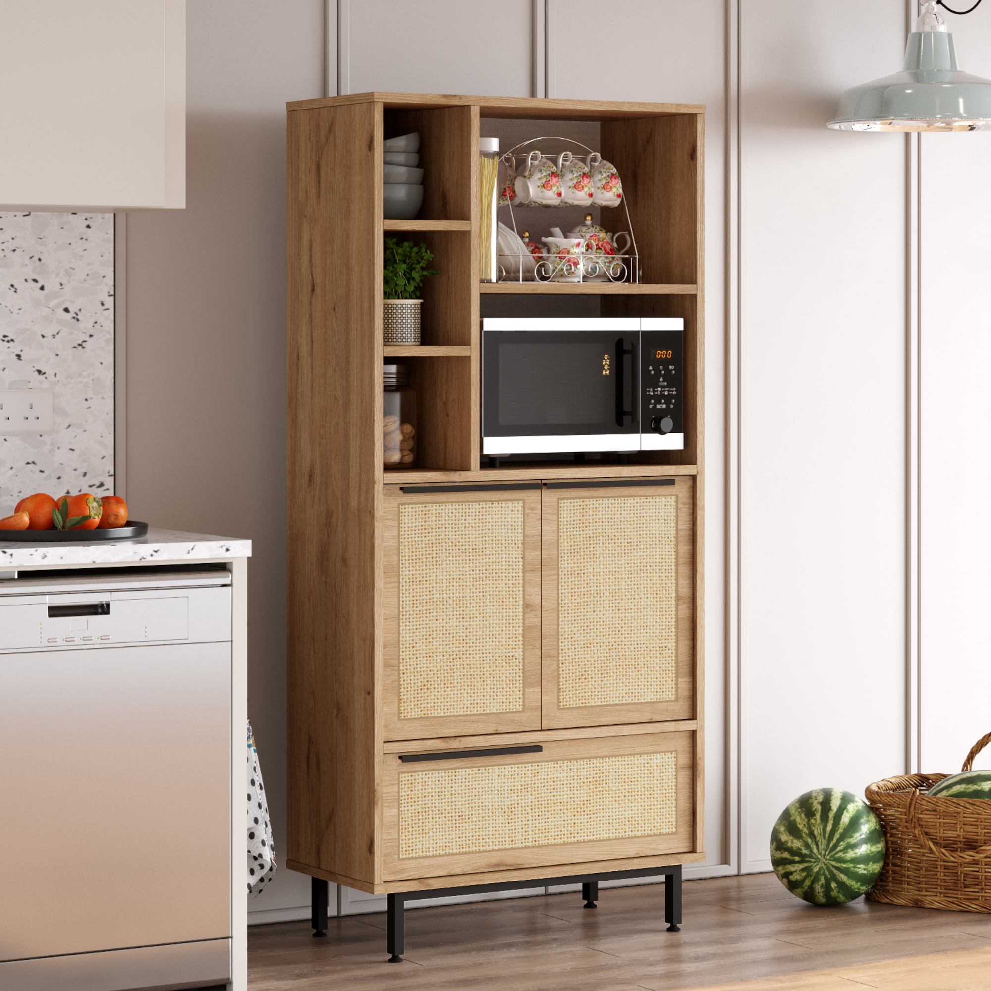 Armadio Kvænangen Mobile Contenitore 162x75x36 cm Effetto Rovere / Rattan [en.casa]