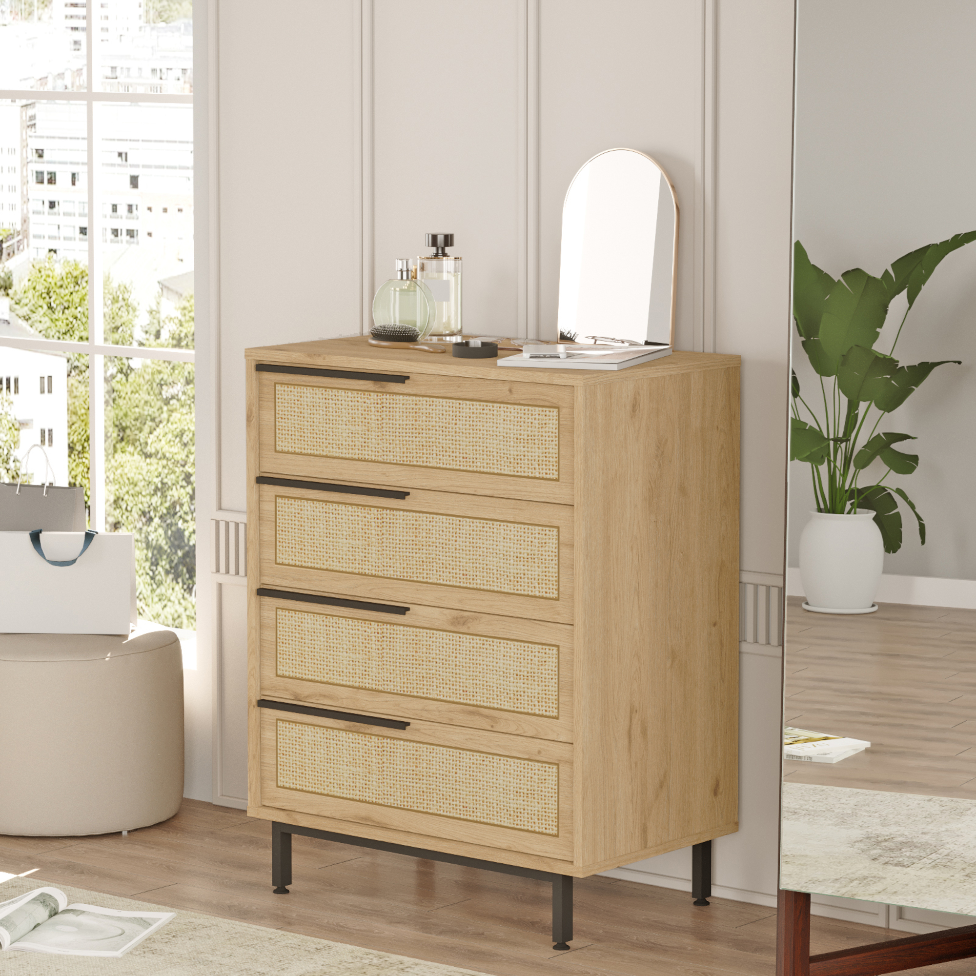 Cassettiera Kvænangen Comò a 4 Cassetti - Effetto Rovere / Rattan [en.casa]