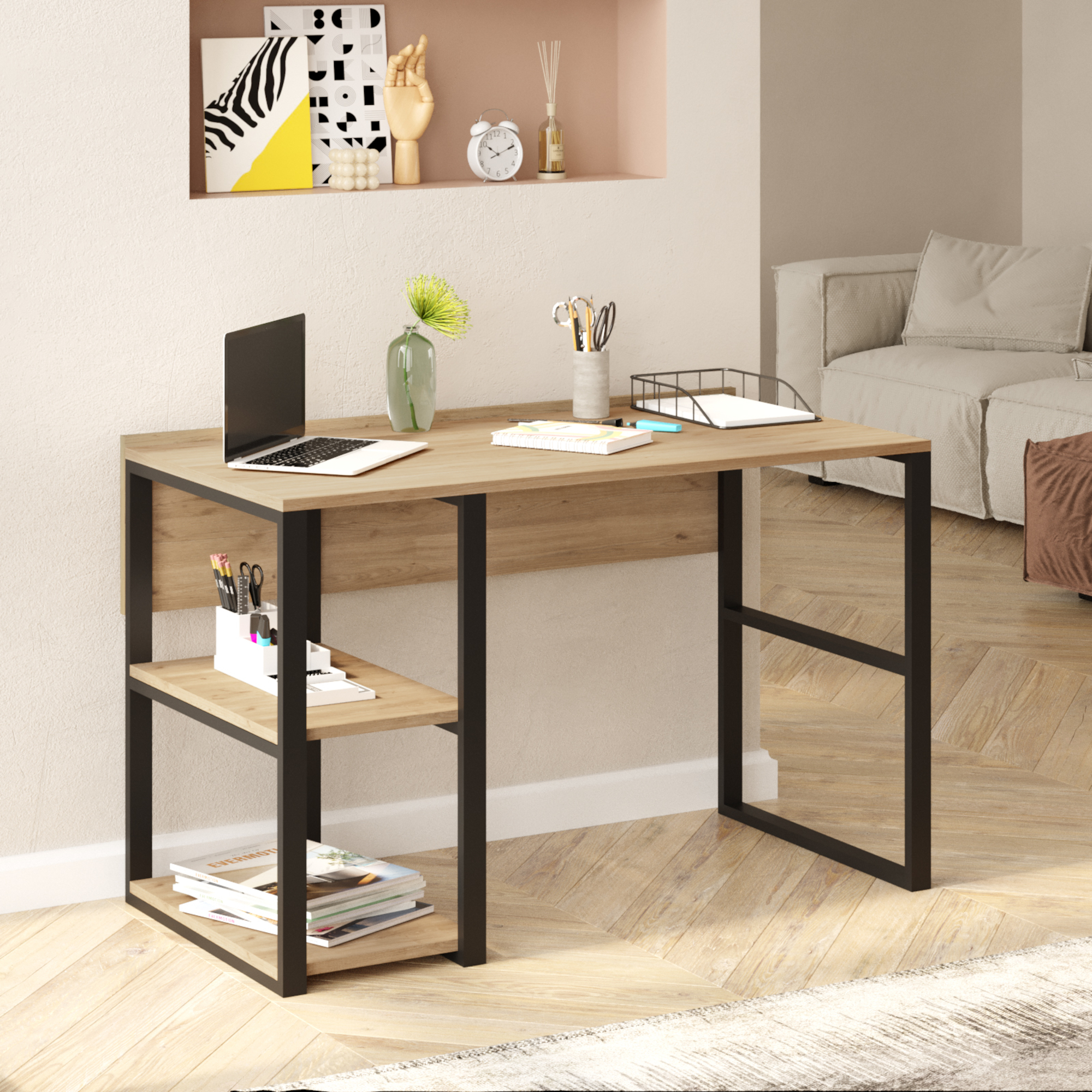 Scrivania Tódense con 2 Ripiani e Piano 120x60 cm - Effetto Rovere [en.casa]