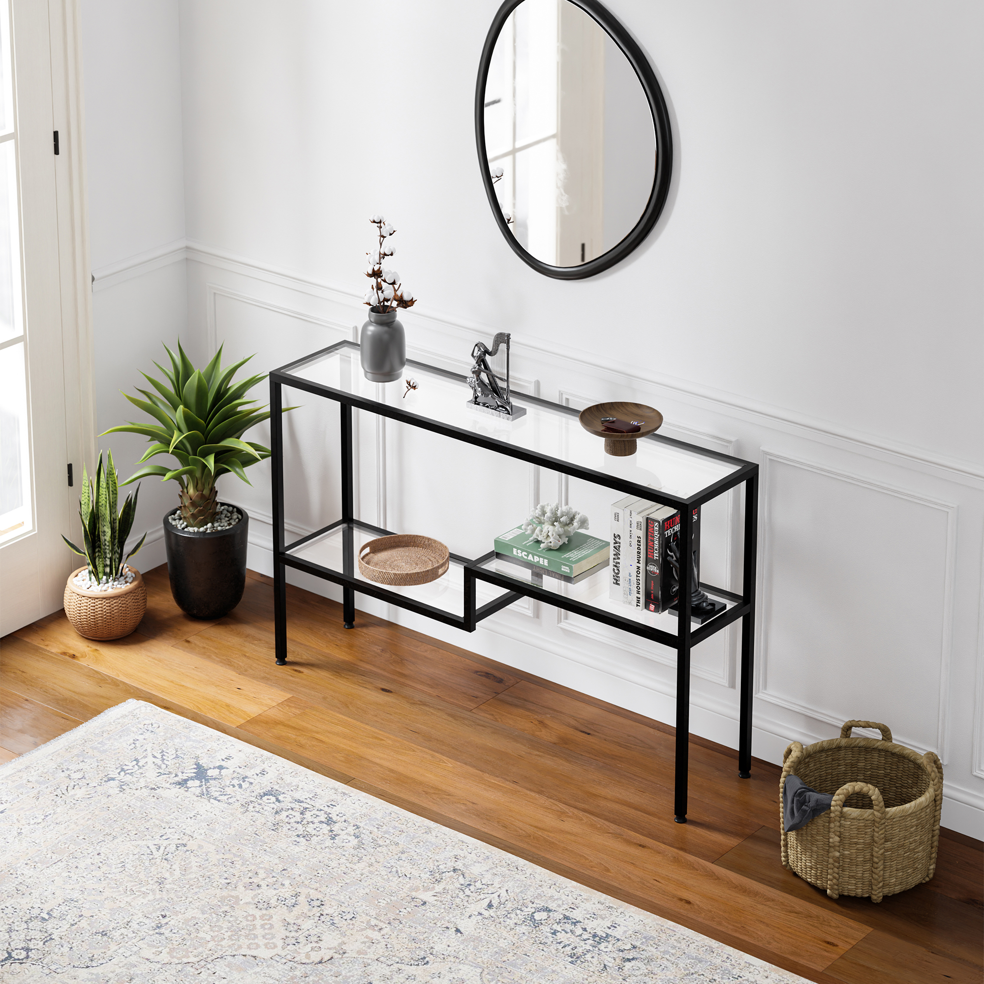 Tavolo a Consolle Videnel con Piani in Vetro e Telaio in Accaio 120x30x76 cm Nero [en.casa]