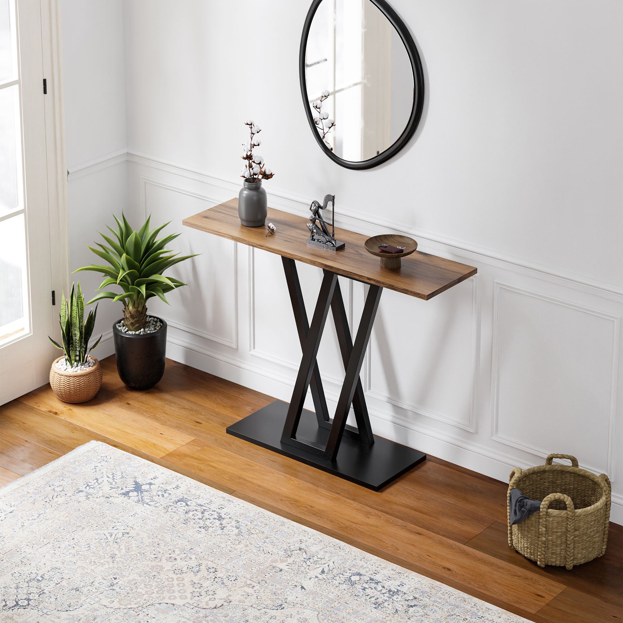 Tavolo a Consolle Seinshung con Telaio in Acciaio 110 x 30 x 80 cm - Nero / Effetto Noce [en.casa]