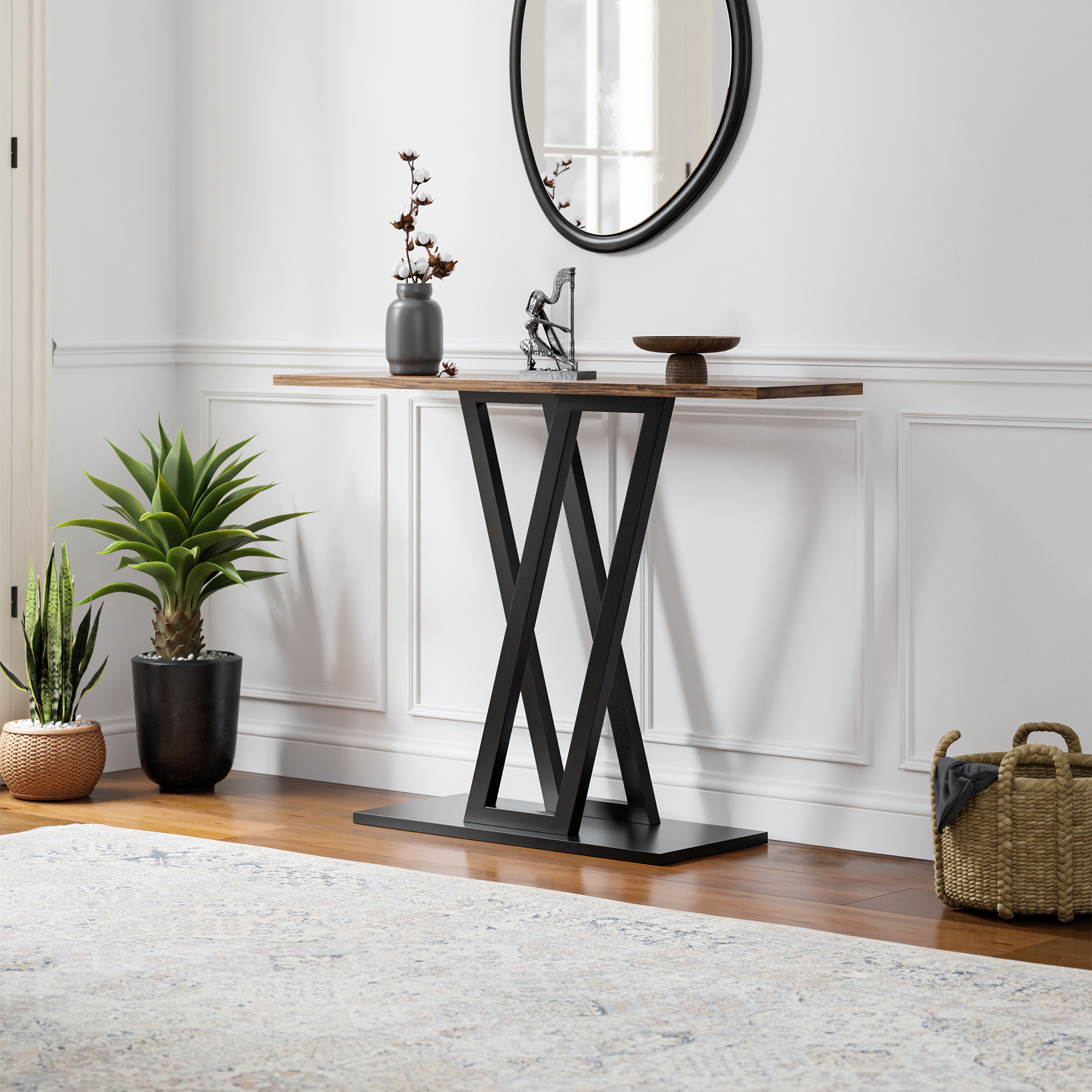 Tavolo A Consolle Seinshung Con Telaio In Acciaio 110 X 30 X 80 Cm - Nero / Effetto Noce [En.Casa]-image