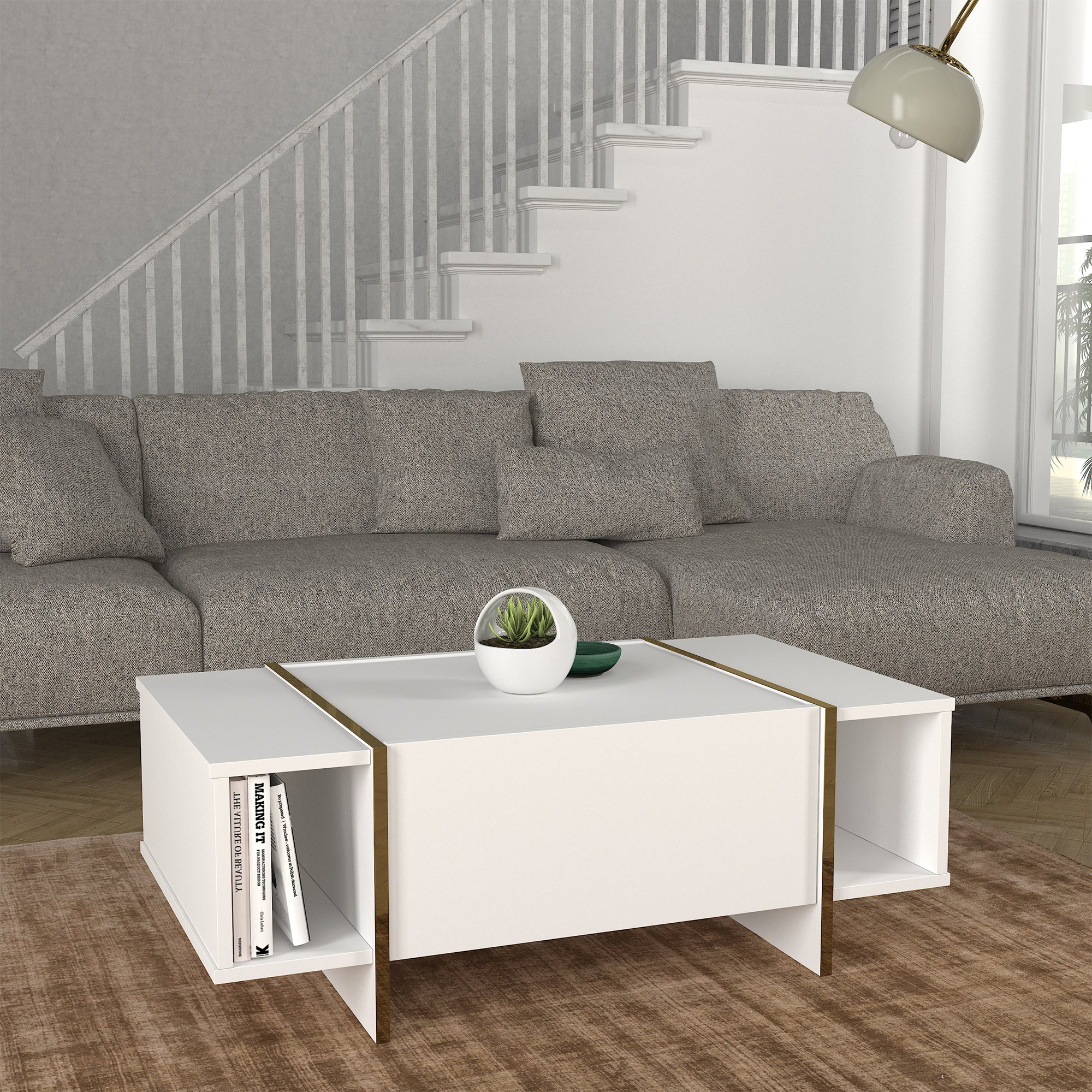 Tavolino Centrale da Salotto Tavak 104 x 60 x 38 cm - Bianco / Oro [en.casa]