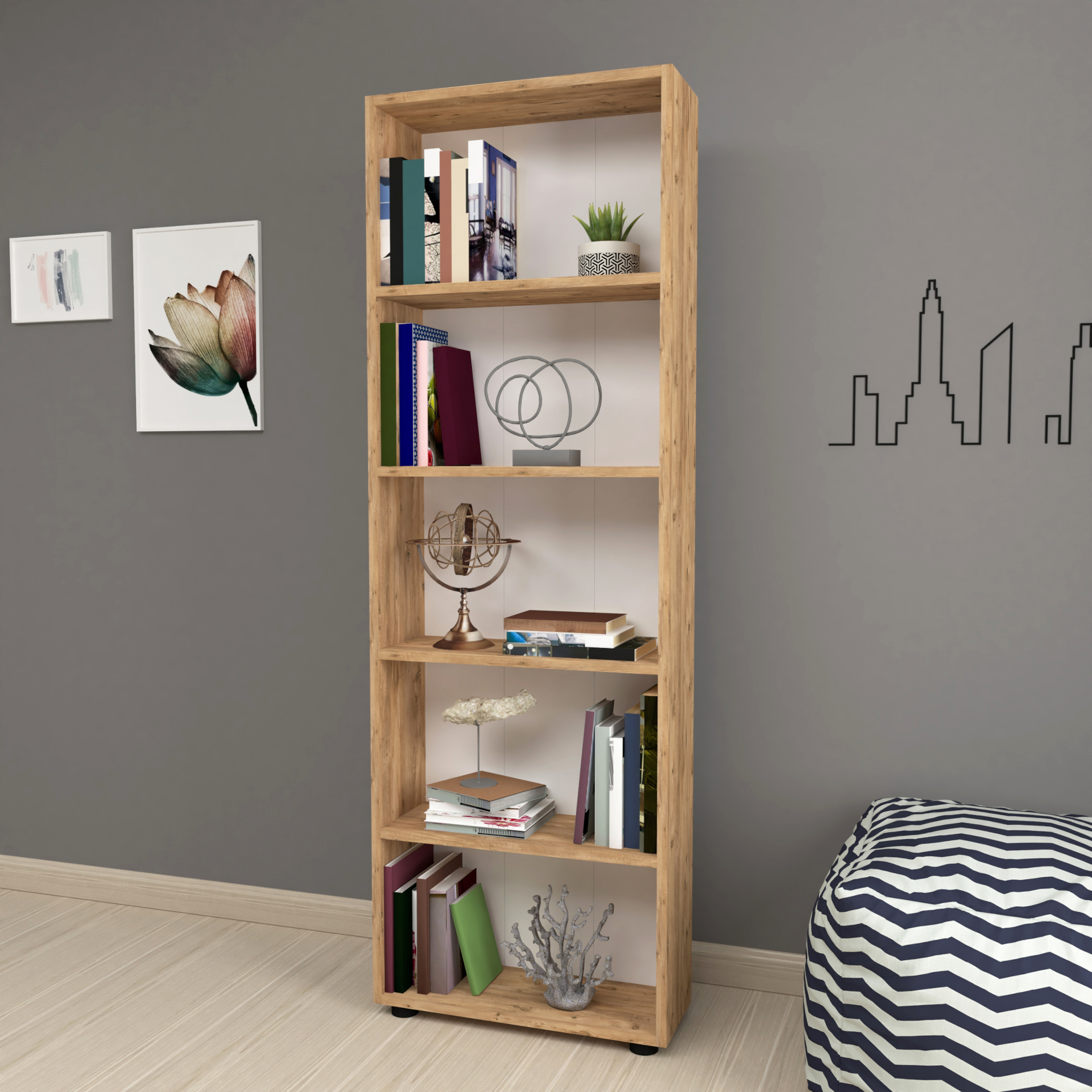 Libreria 'Vara' Altezza: 172 cm Scaffale a Terra con 5 Scomparti Aperti - Effetto Rovere [en.casa]