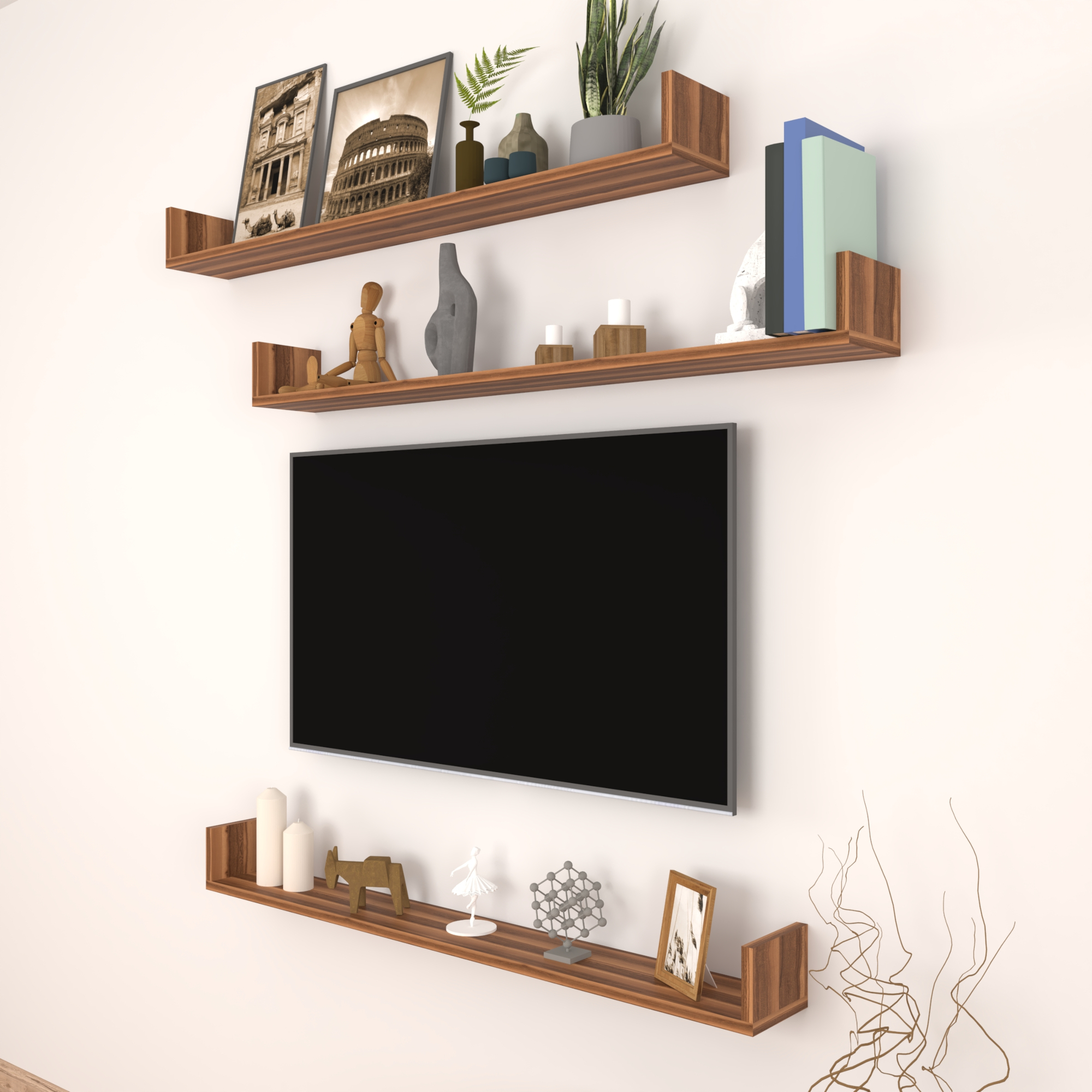 Set 'Höganäs' 3 Mensole da Muro - Consolli Pensili con Piano d'Appoggio a Forma di U - Largo 120 cm - Effetto Noce
