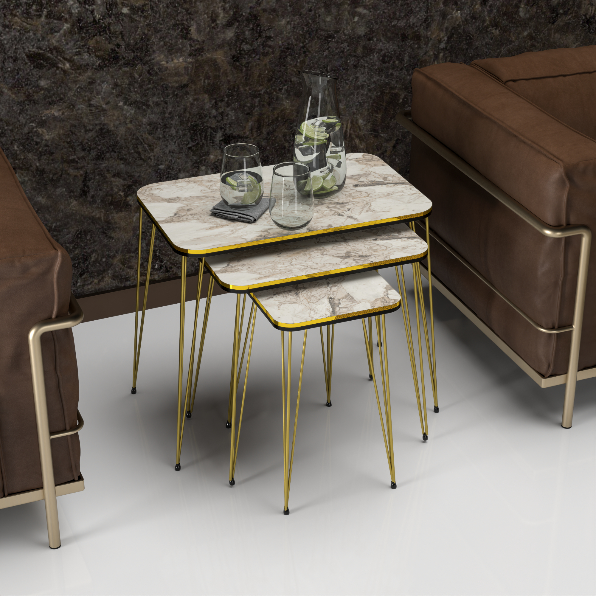 Set 'Rudkøbing' 3 Tavolini Sovrapponibili Gambe a Forcina e Piano Quadrato - Effetto Marmo Bianco / Oro [en.casa]