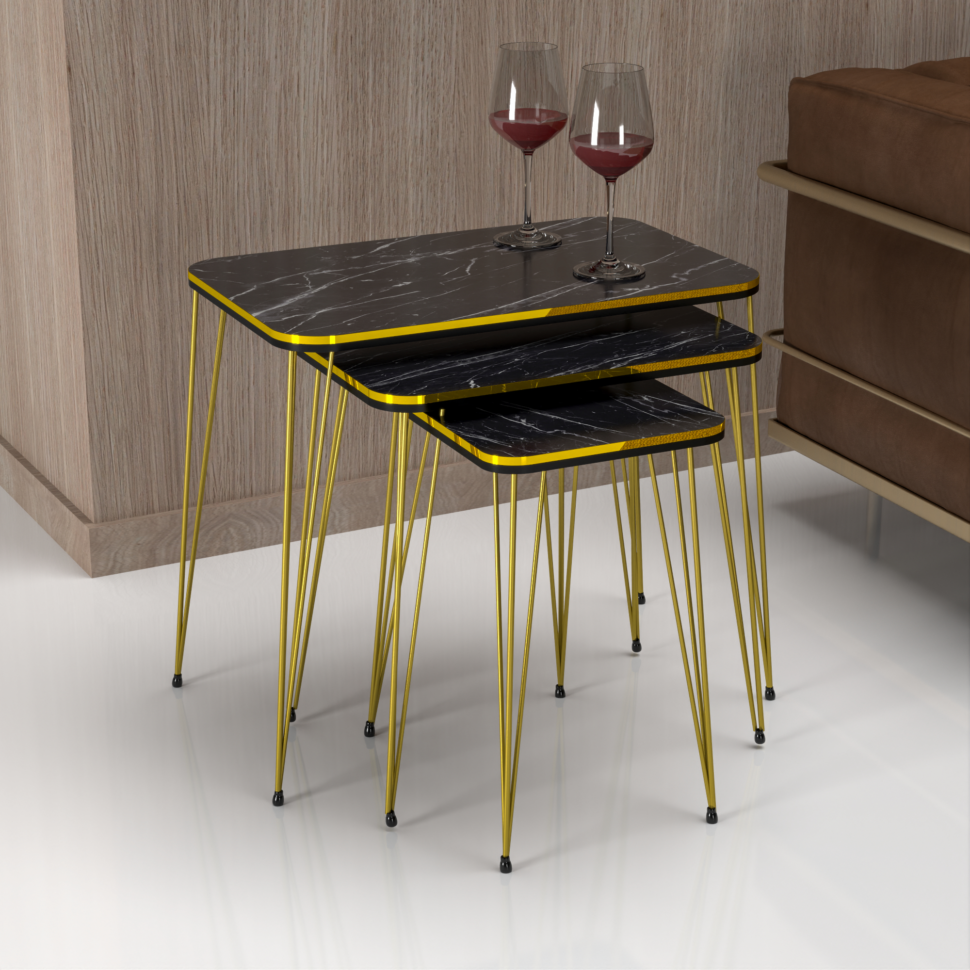 Set 'Rudkøbing' 3 Tavolini Sovrapponibili Gambe a Forcina e Piano Quadrato - Effetto Marmo Nero / Oro [en.casa]
