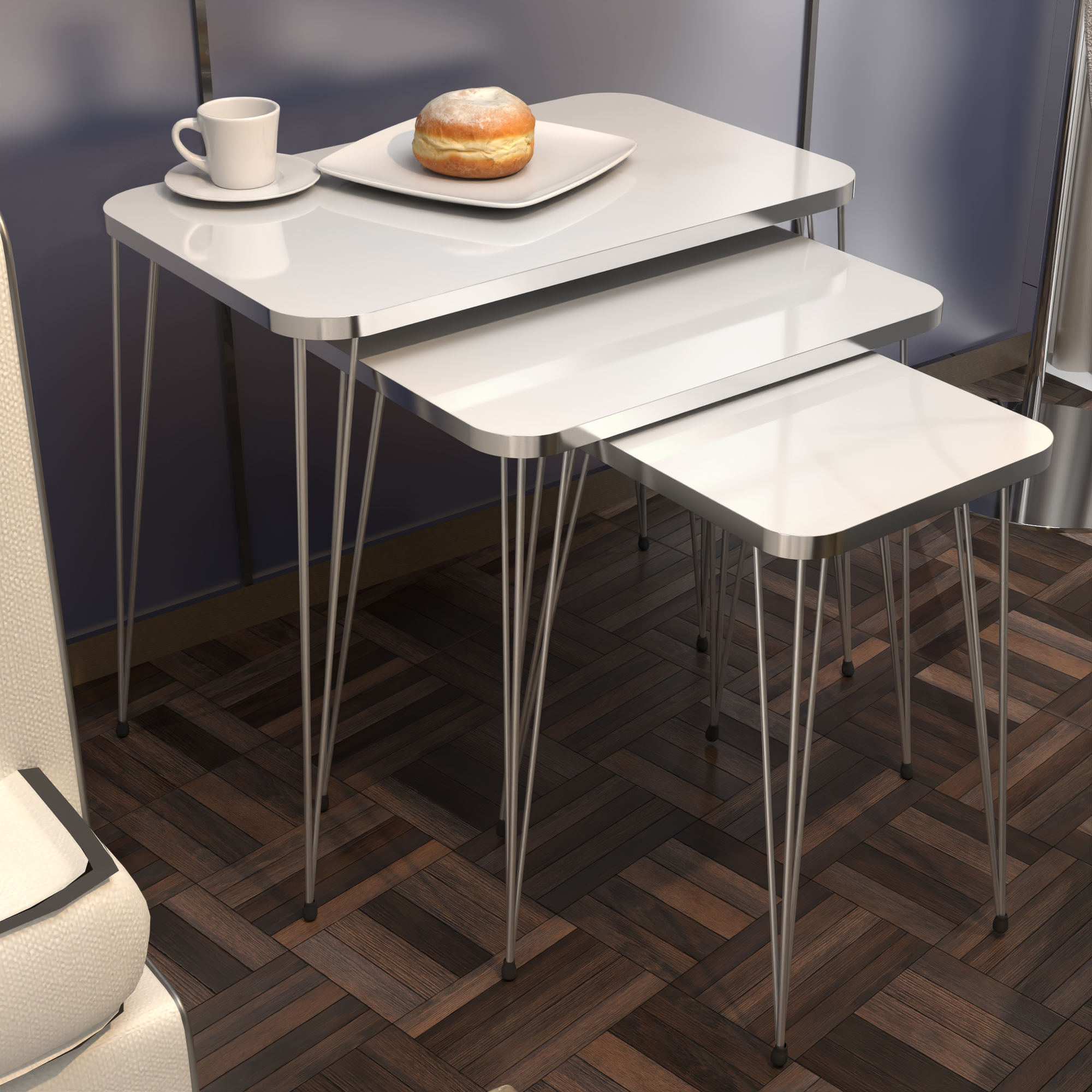 Set 'Samsø' di 3 Tavolini Bassi da Salotto Tavolini Sovrapponibili Gambe a Forcina e Piano Quadrato - Bianco [en.casa]