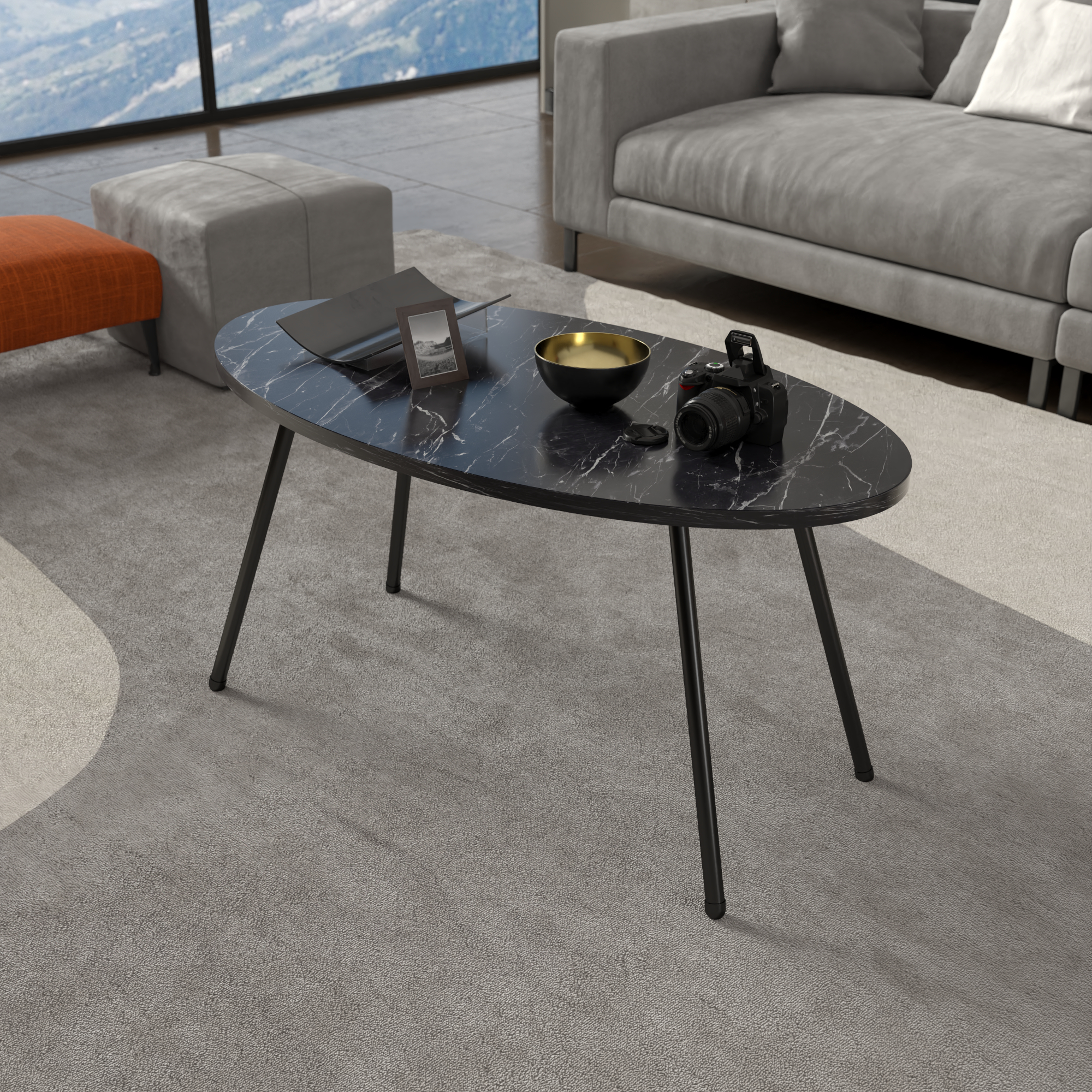 Tavolino Basso da caffè 'Skærbæk' (AxLxP) 43 x 90 x 50 cm Tavolino da Salotto con Piano Ovale Marmo Nero [en.casa]