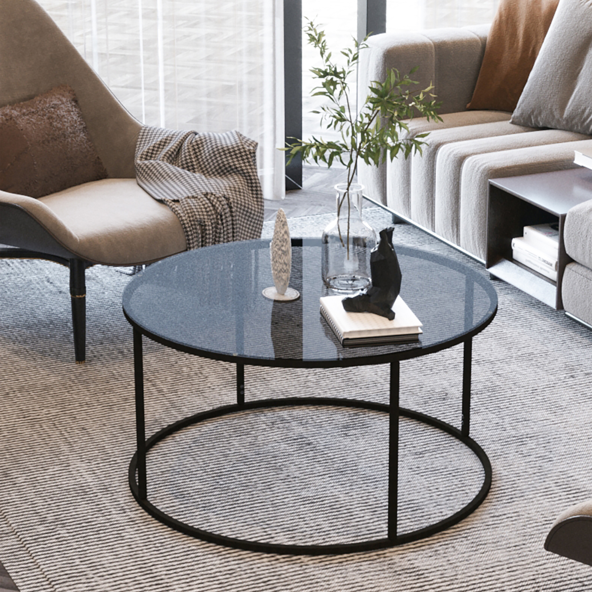 Tavolino Rotondo Kolari da Caffé con Piano in Vetro Temperato (AxØ) 45 x 80 cm - Trasparente Fumé [en.casa]
