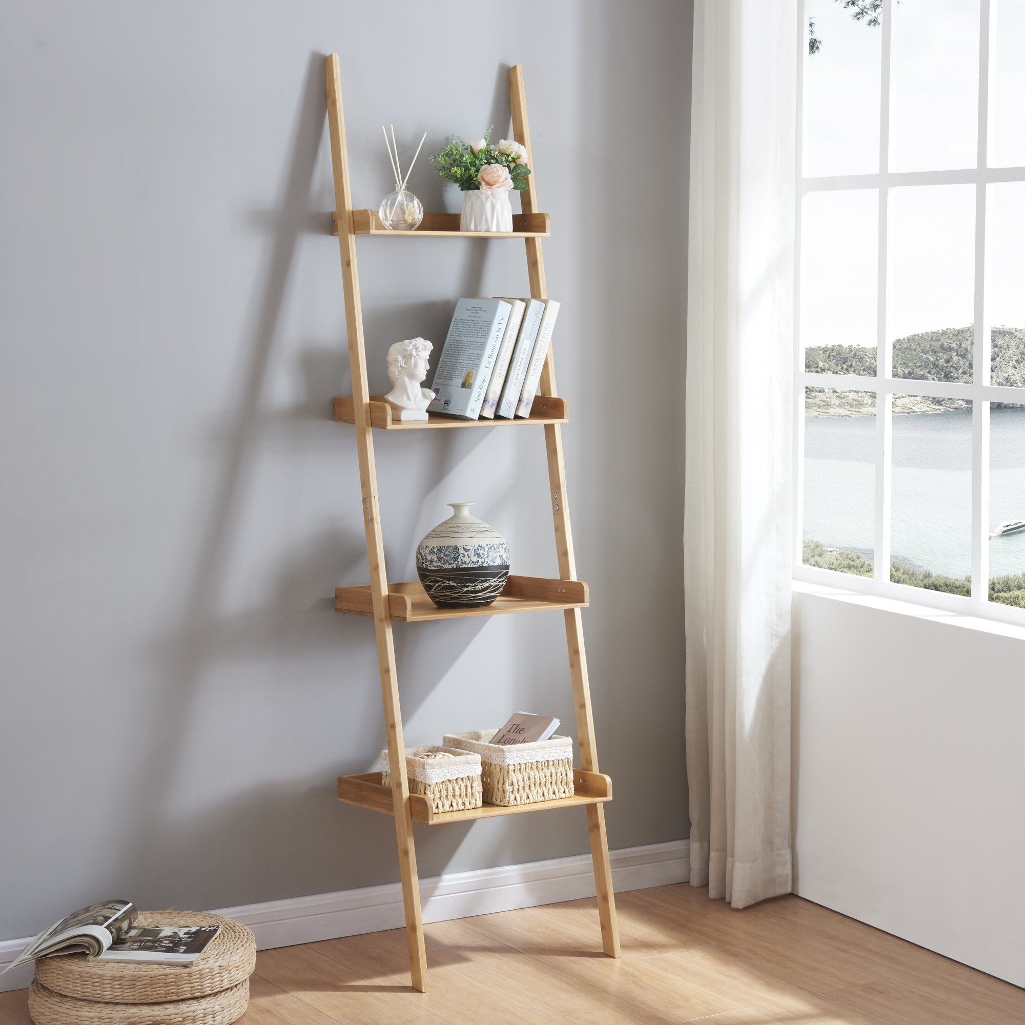 en.casa] Leiterregal Dekoleiter Anstellregal Standregal Wandlehnregal Bambus  | eBay