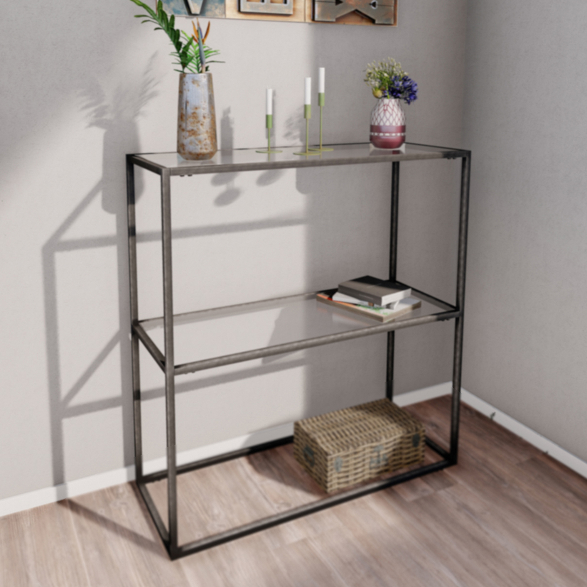 Image of Tavolo a Consolle Konnevesi in Metallo Nero con 2 Piani in Vetro Temperato 85 x 80 x 30 cm [en.casa]