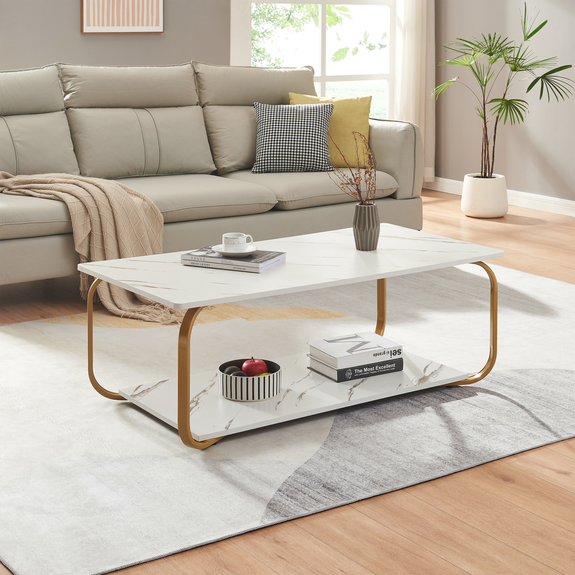 Image of Tavolino Centrale da Salotto Kolta con Ripiano 120x60x43 cm - Effetto Marmo Bianco/Dorato [en.casa]