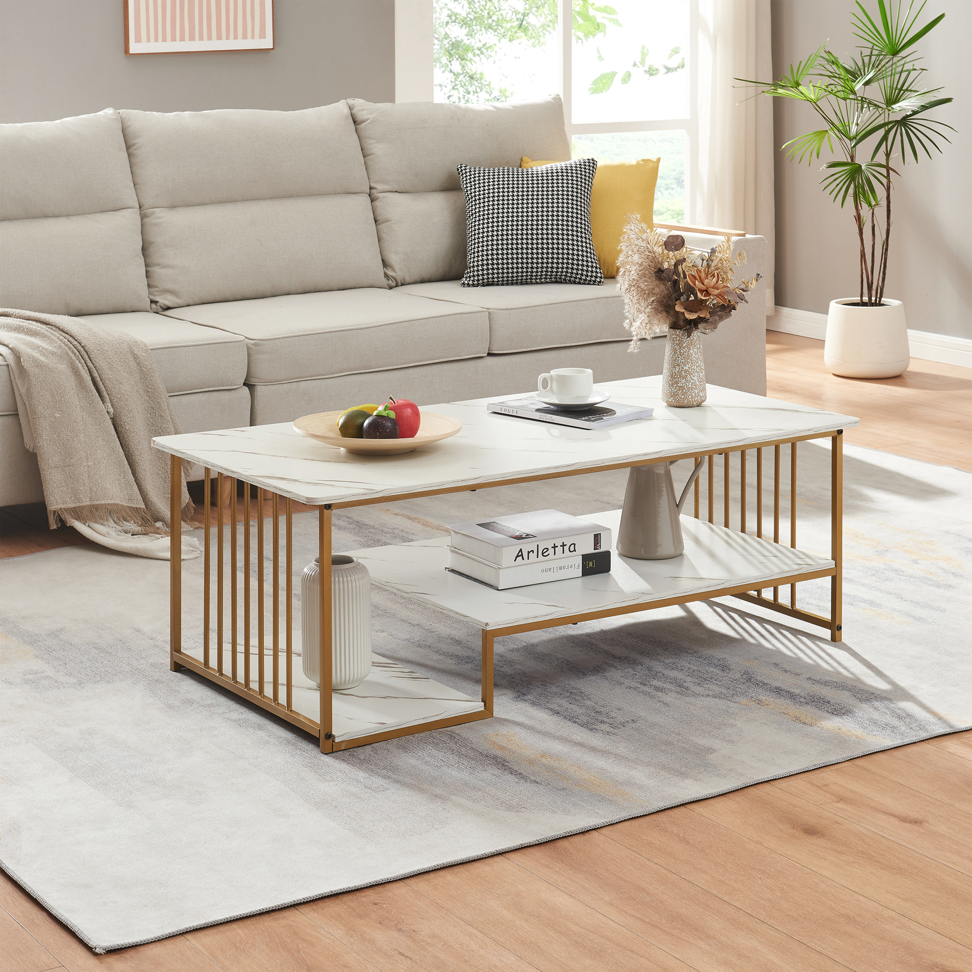 Image of Tavolino Centrale da Salotto Klibro 120x60x42 cm Effetto Marmo Bianco / Dorato [en.casa]