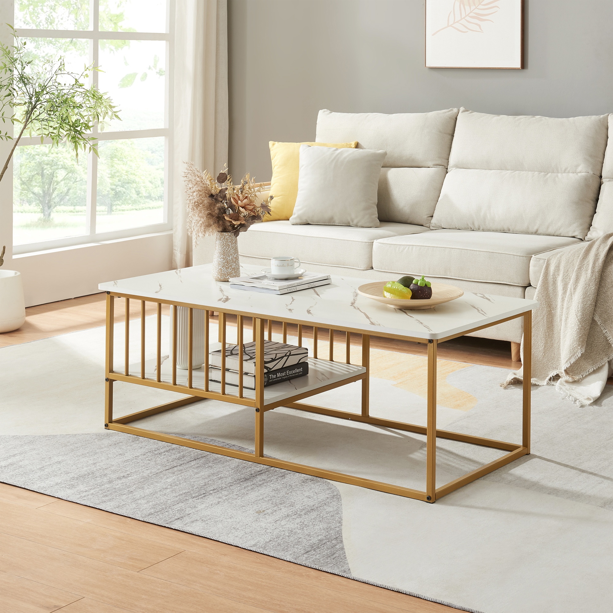 Image of Tavolino Centrale da Salotto Raukurg con Ripiano 120 x 60 x 44 cm - Effetto Marmo Bianco / Dorato [en.casa]