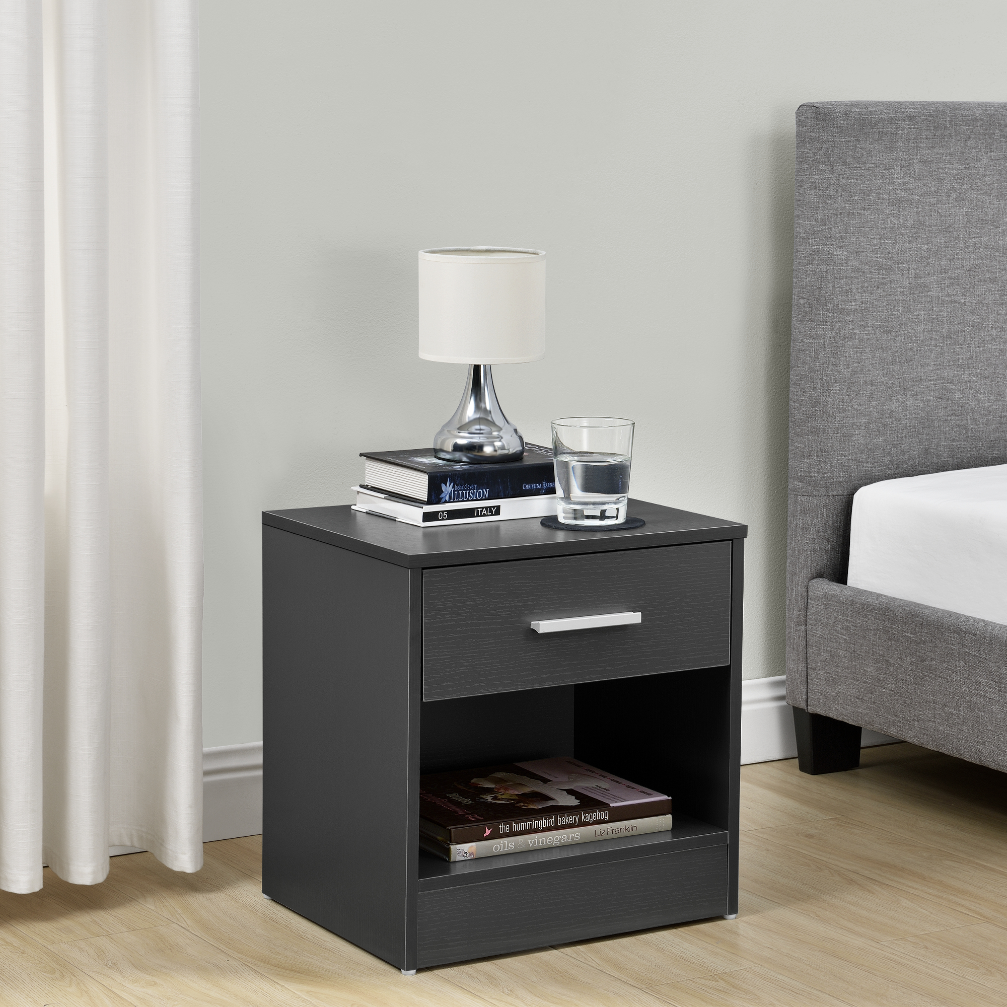 Comodino con Cassetto e Scomparto Aperto 36,5 x 29,5 x 38 cm - Grigio [en.casa]