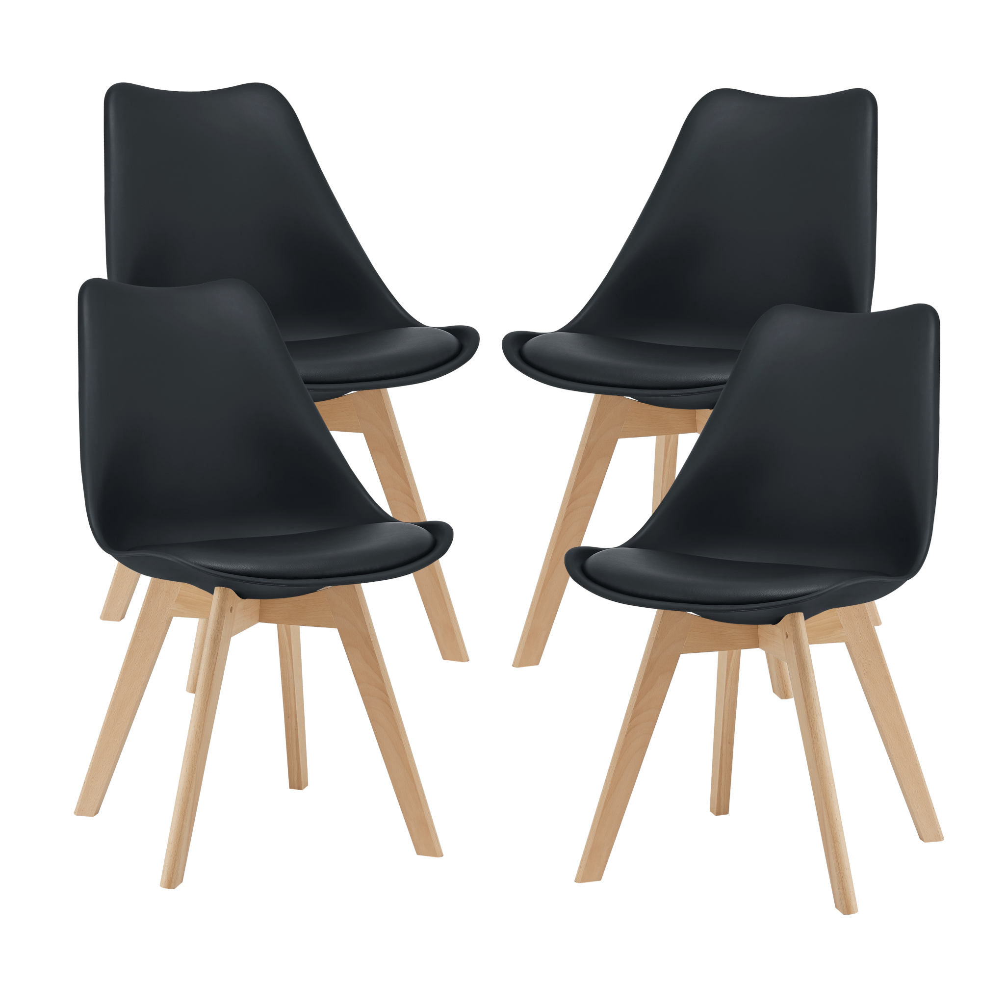 Set Fläten di 4 Sedie da Sala con Seduta Imbottita Rivestimento in Similpelle Nero [en.casa]