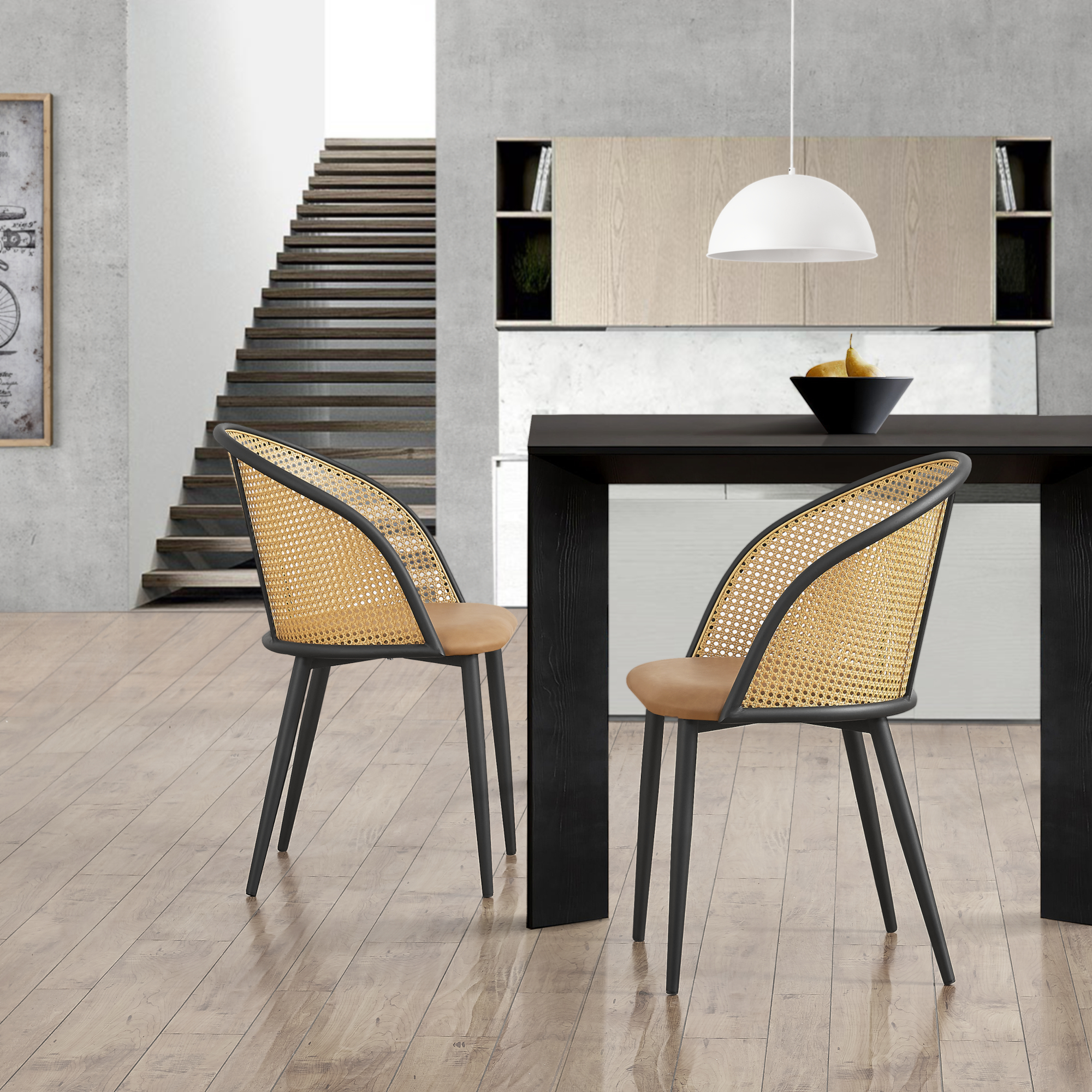 Set di 2 Sedie 'Gagnef' in Similpelle Marrone e Schienale in Rattan [en.casa]