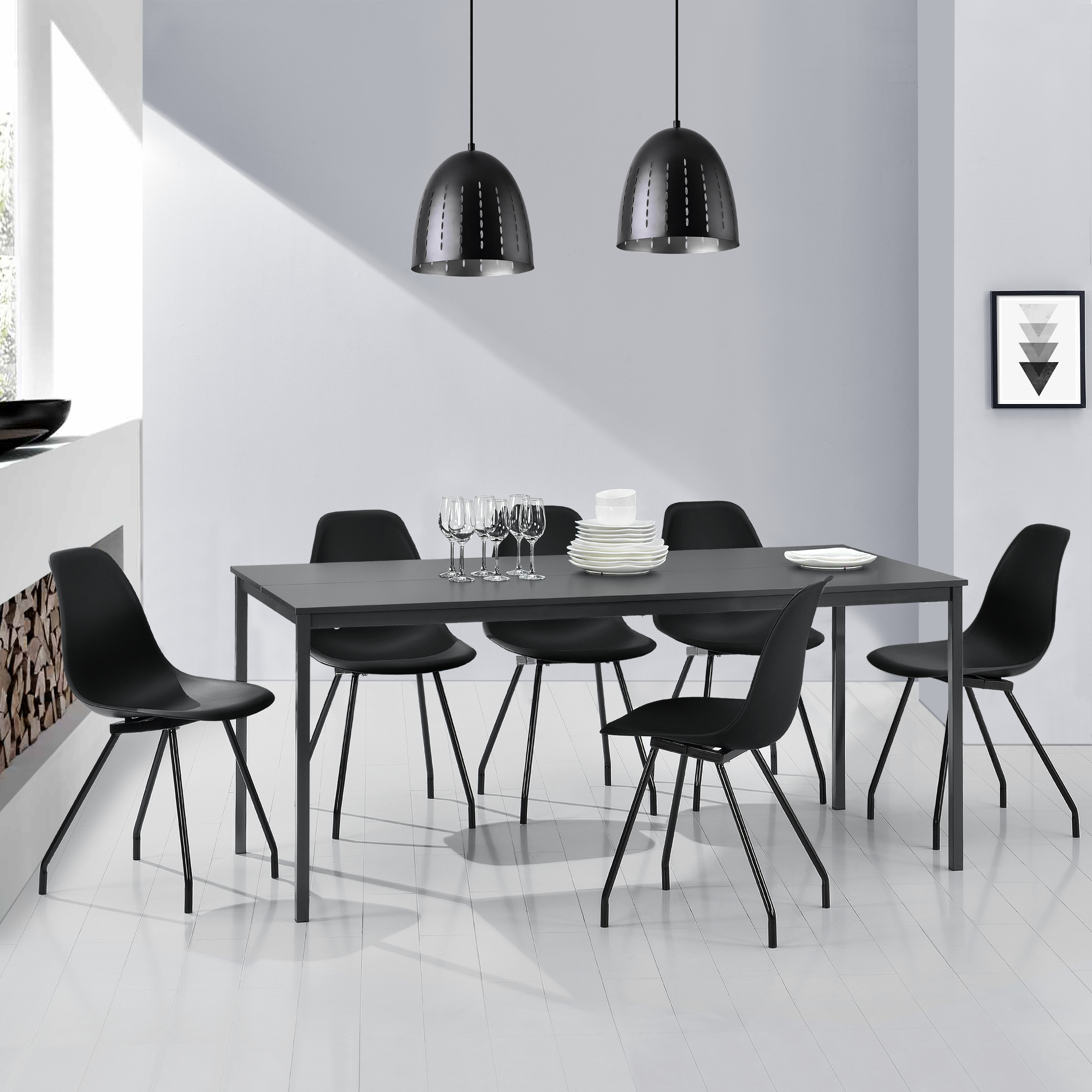 Détails Sur Encasa Table De Salle à Manger 6 Chaises Grisnoir 180x80cm Cuisine Table