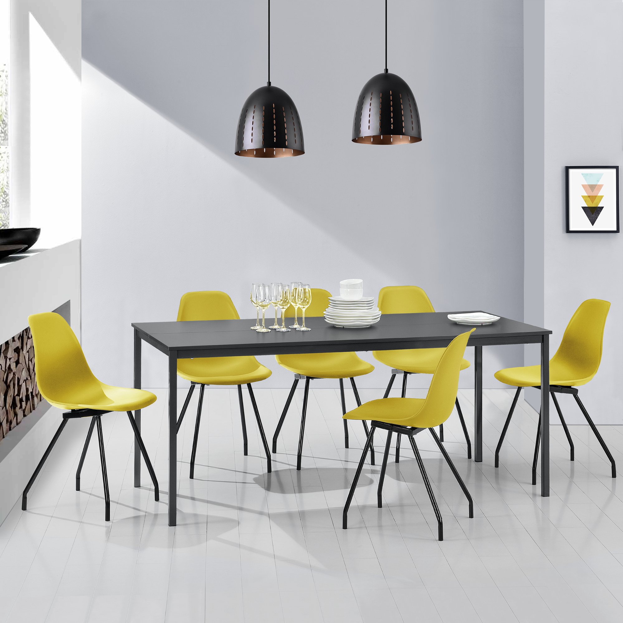 En Casa Grey Dining Table 160x80x75cm With 6 Mustard Yellow En Casa Grey Dining Table 160x80x75cm With 6 Mustard Yellow