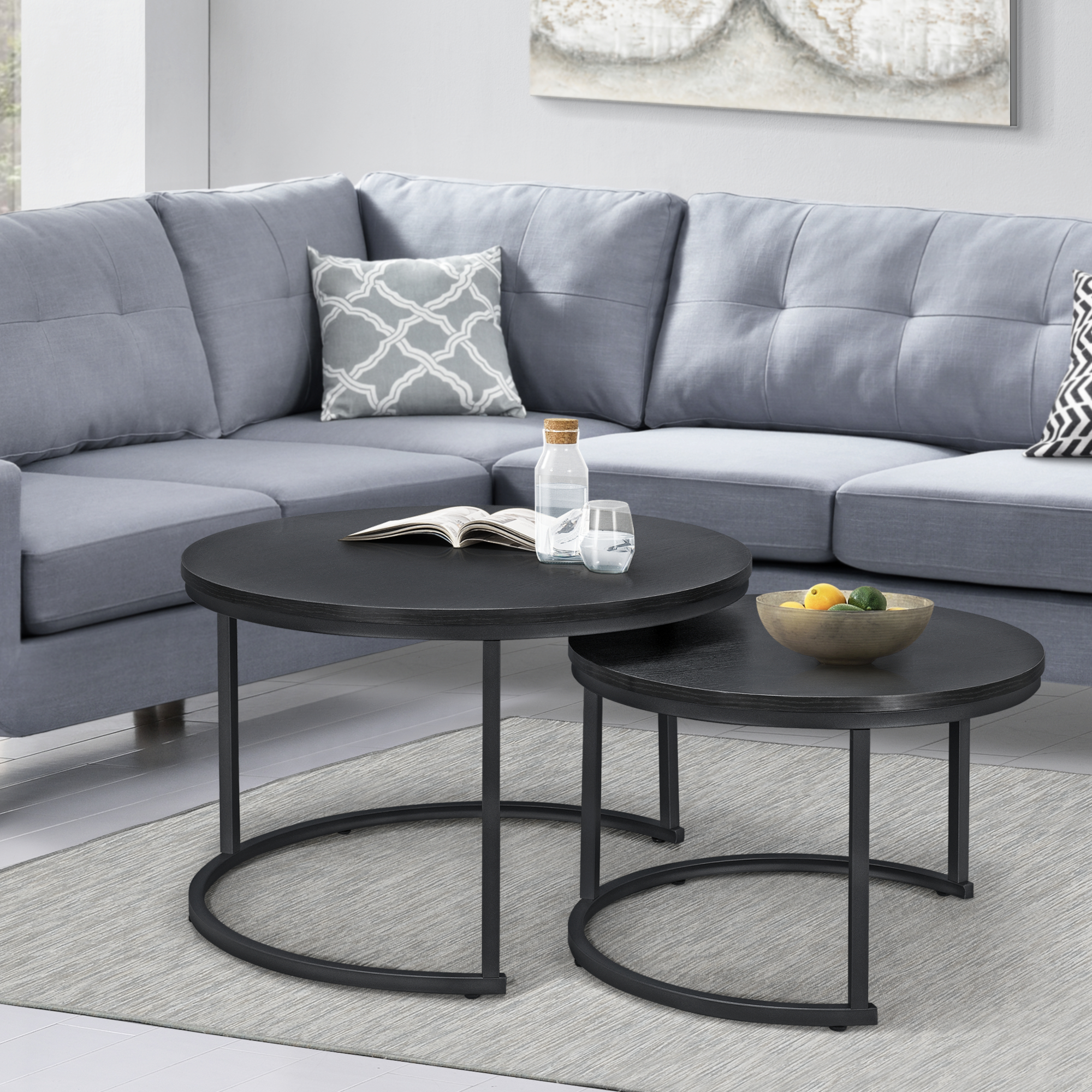 Set Christchurch 2 Tavolini Sovrapponbili con Piani Rotondi - Nero [en.casa]