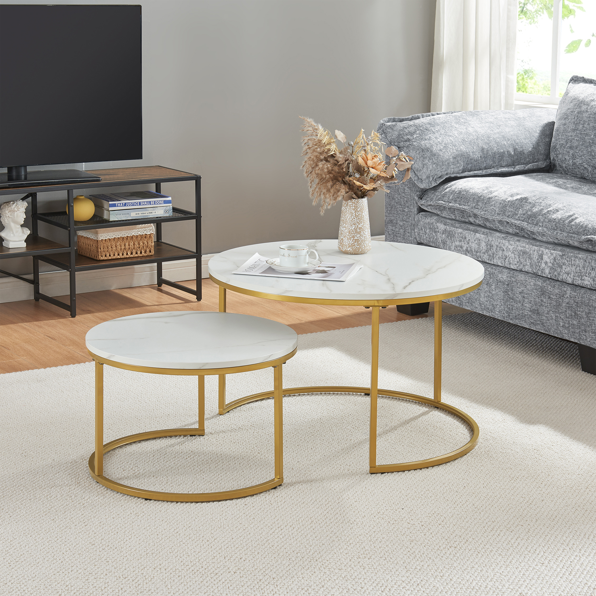 Set Christchurch 2 Tavolini Sovrapponbili con Piani Rotondi - Effetto Marmo Bianco / Oro [en.casa]