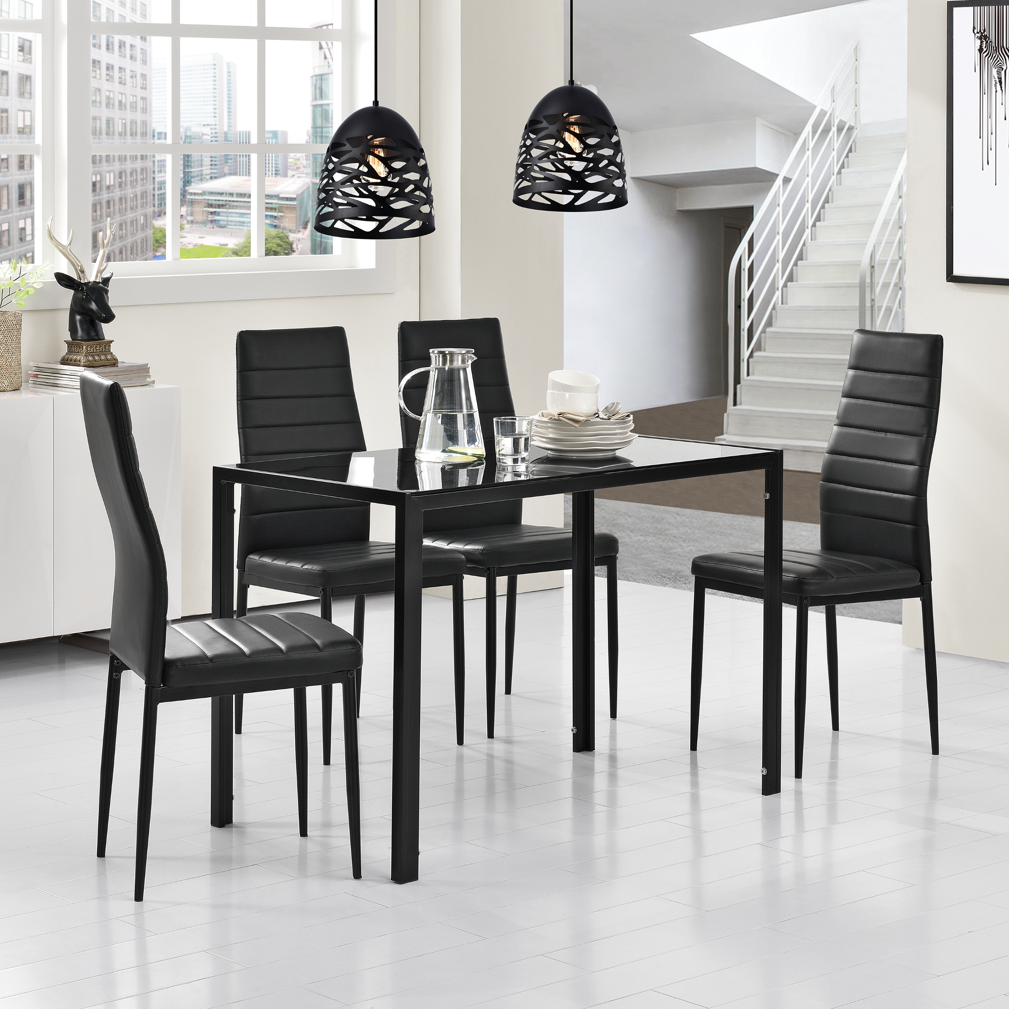 [en.casa] Esstisch + 4 Stühle schwarz Küchentisch Esszimmertisch Glas