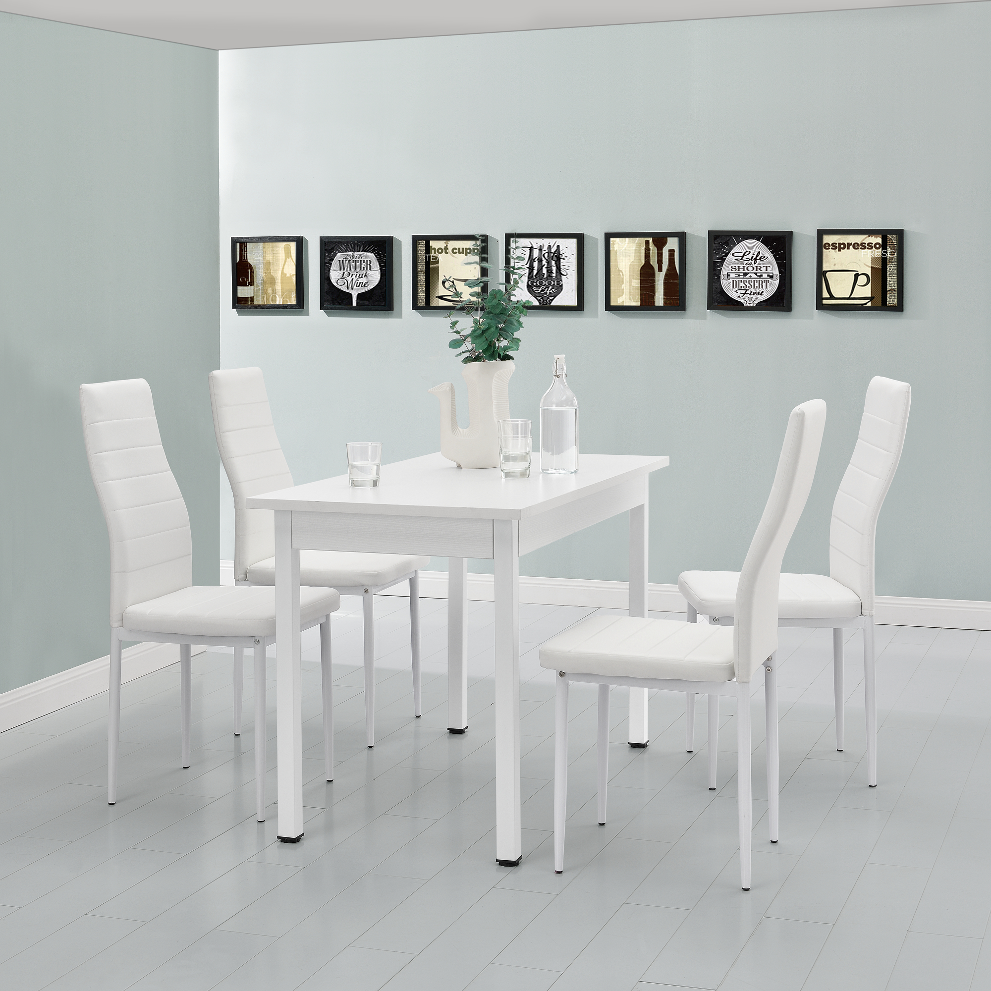 Set da Sala da Pranzo Tavolo con 4 Sedie Gambe in Acciaio Rivestimento in Similpelle - Bianco [en.casa]