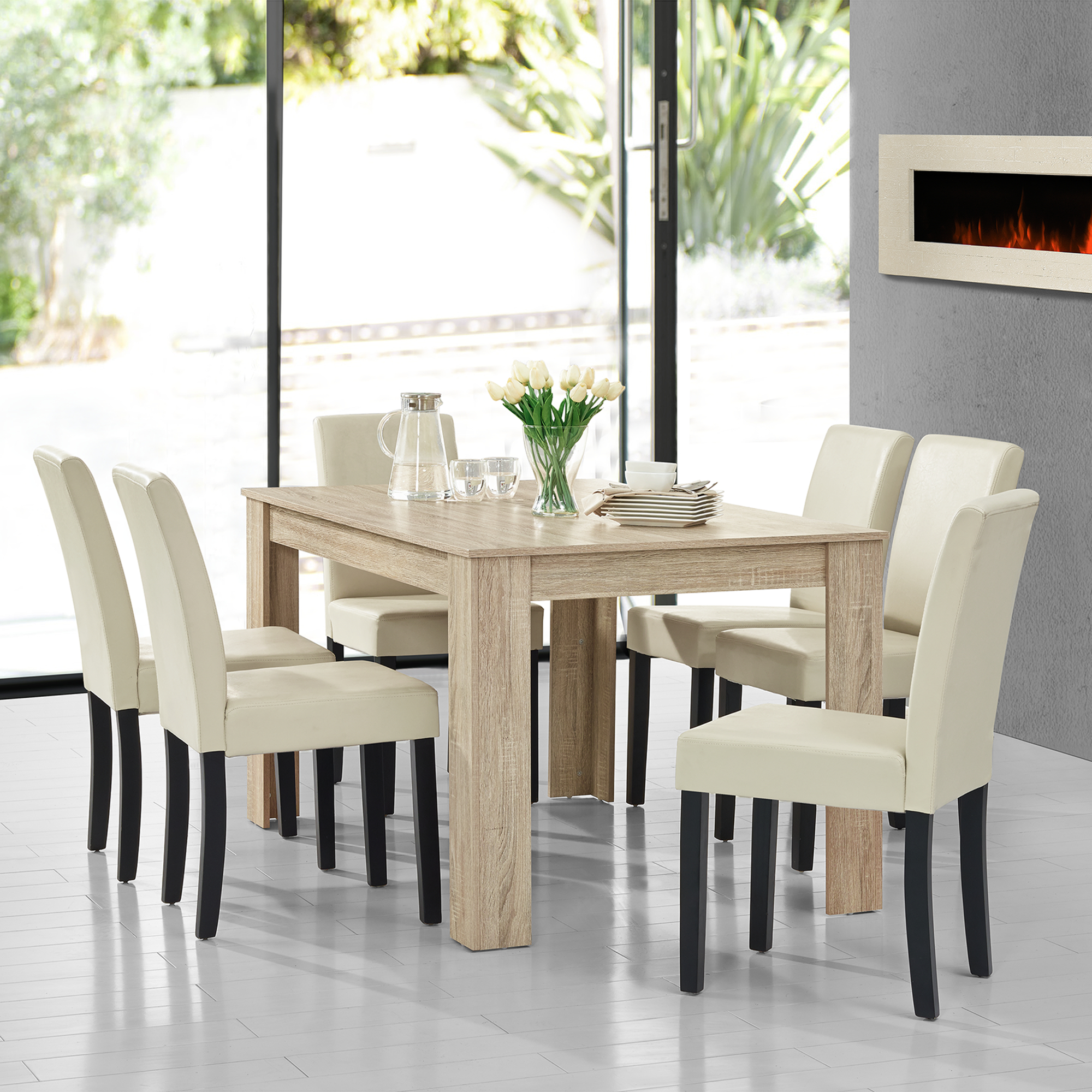En Casa Esstisch Gekalkte Eiche Mit 6 Stuhlen Creme 140x90 Tisch Stuhle Modern Ebay