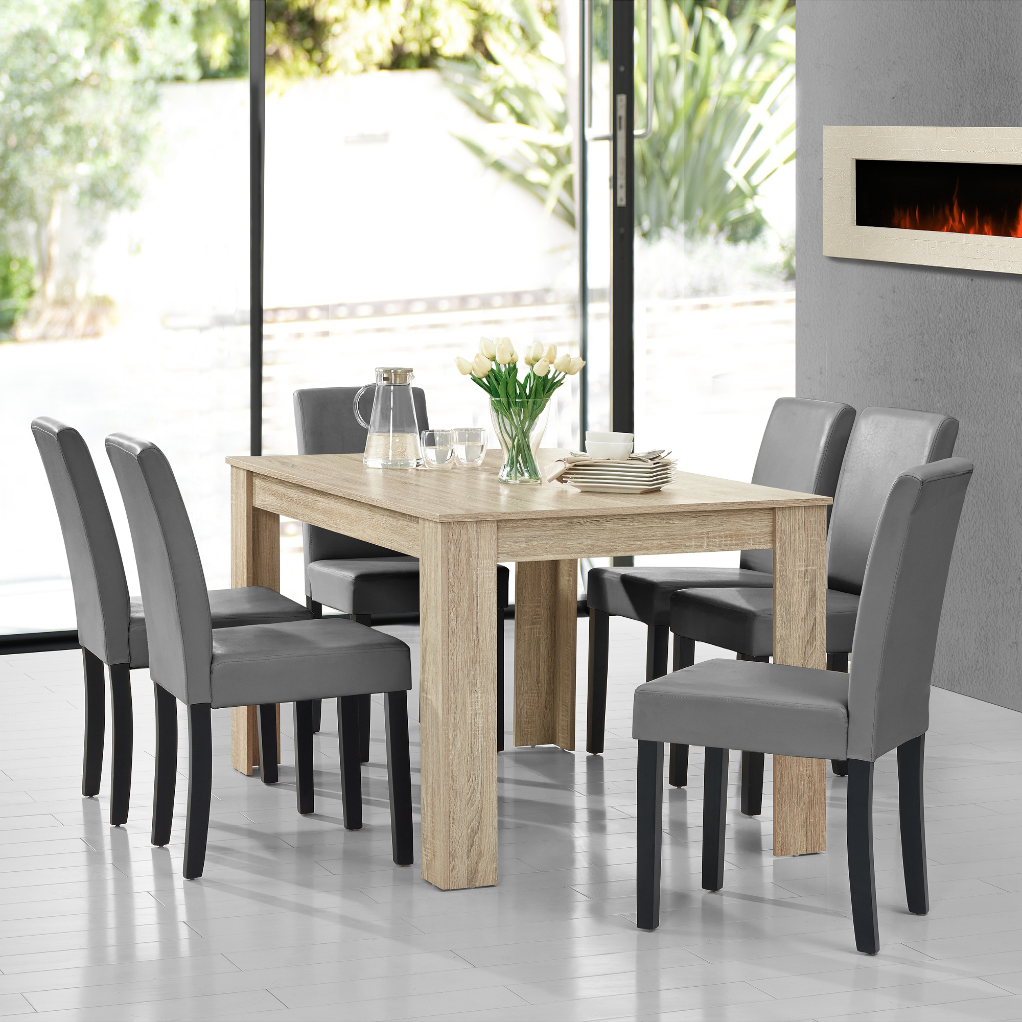 En Casa Table A Manger Chene Ceruse 6 Chaises Gris Brilliant
