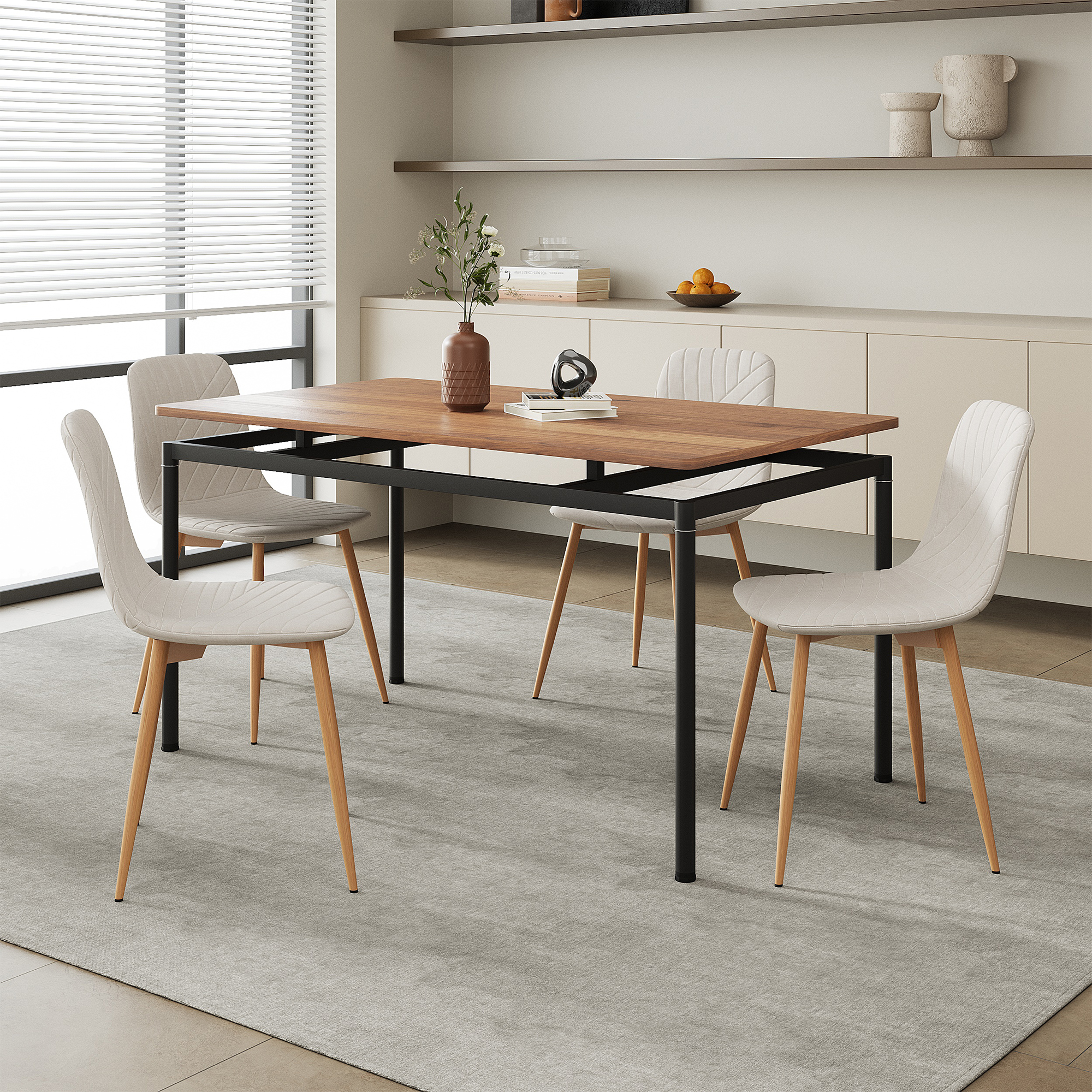 Set da Pranzo Hemnes Tavolo 140x80 cm in Effetto Rovere con 4 Sedie Beige [en.casa]
