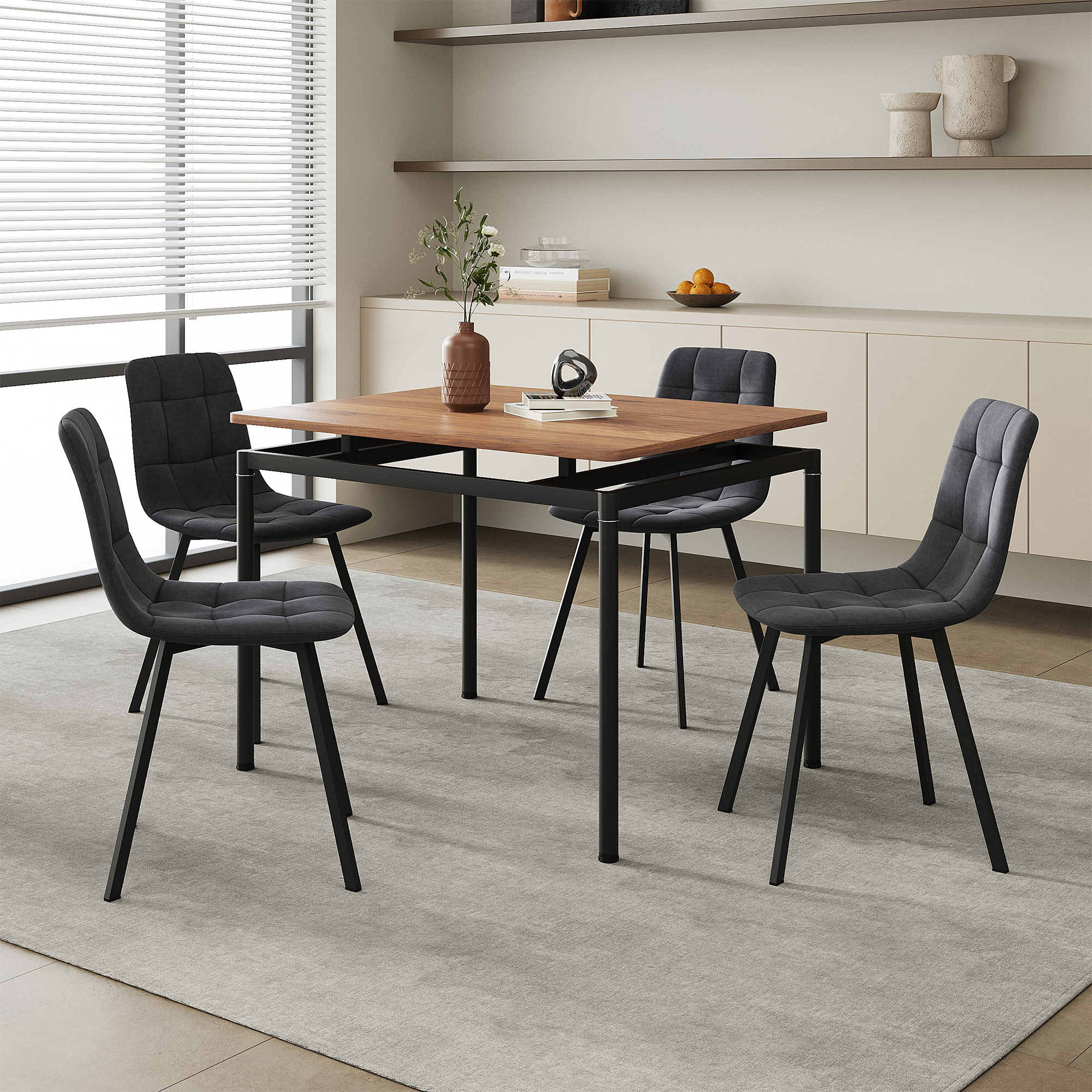 Set da Pranzo Hemnes Tavolo Rettangolare 100x60 cm Effetto Rovere e 4 Sedie Effetto Velluto Grigio Scuro [en.casa]