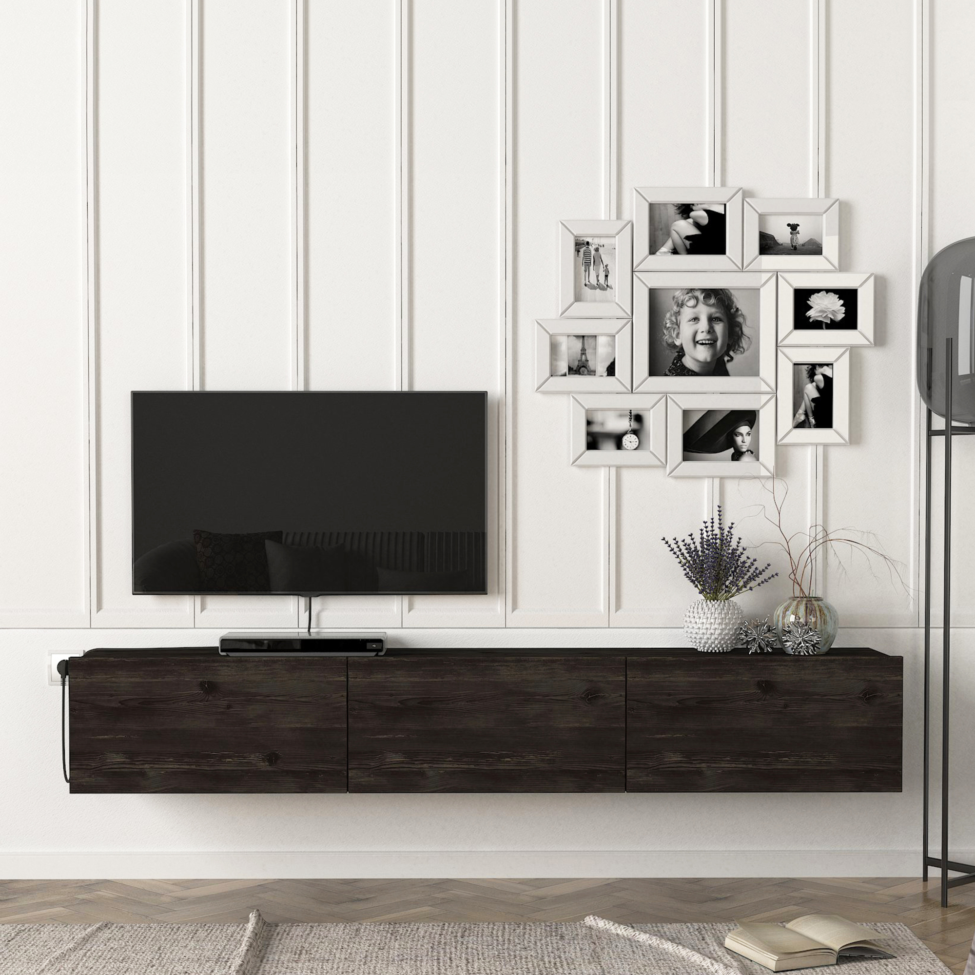 Mobile TV da Parete Vihti con 3 Ante a Ribalta Armadietto Pensile - Effetto Rovere / Nero [en.casa]