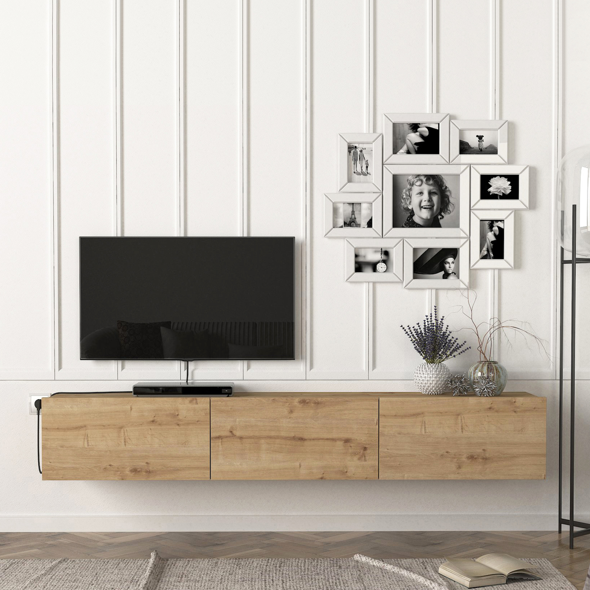 Mobile TV da Parete Vihti con 3 Ante a Ribalta Armadietto Pensile - Effetto Rovere [en.casa]