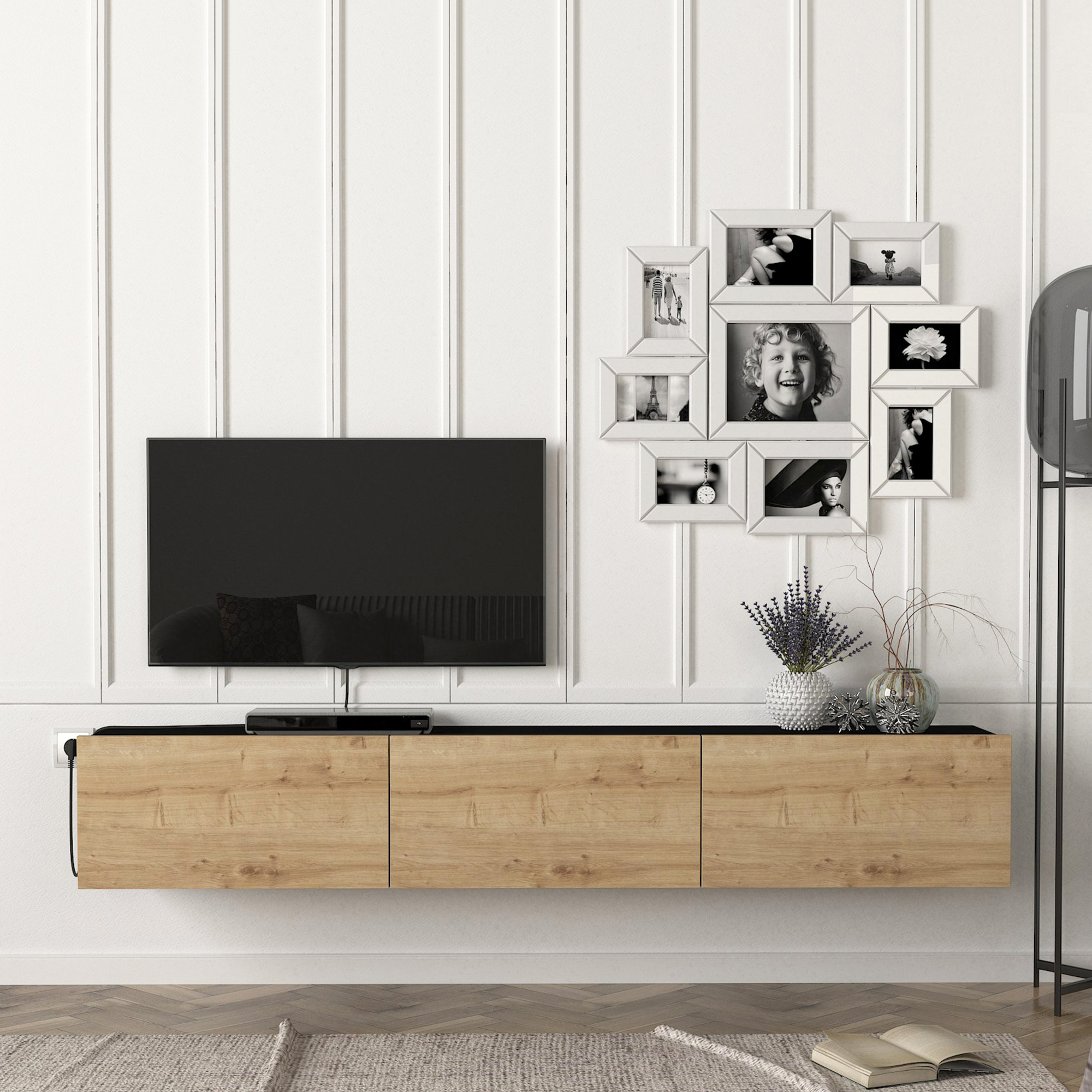 Mobile TV da Parete Vihti con 3 Ante a Ribalta Armadietto Pensile - Nero / Effetto Rovere [en.casa]