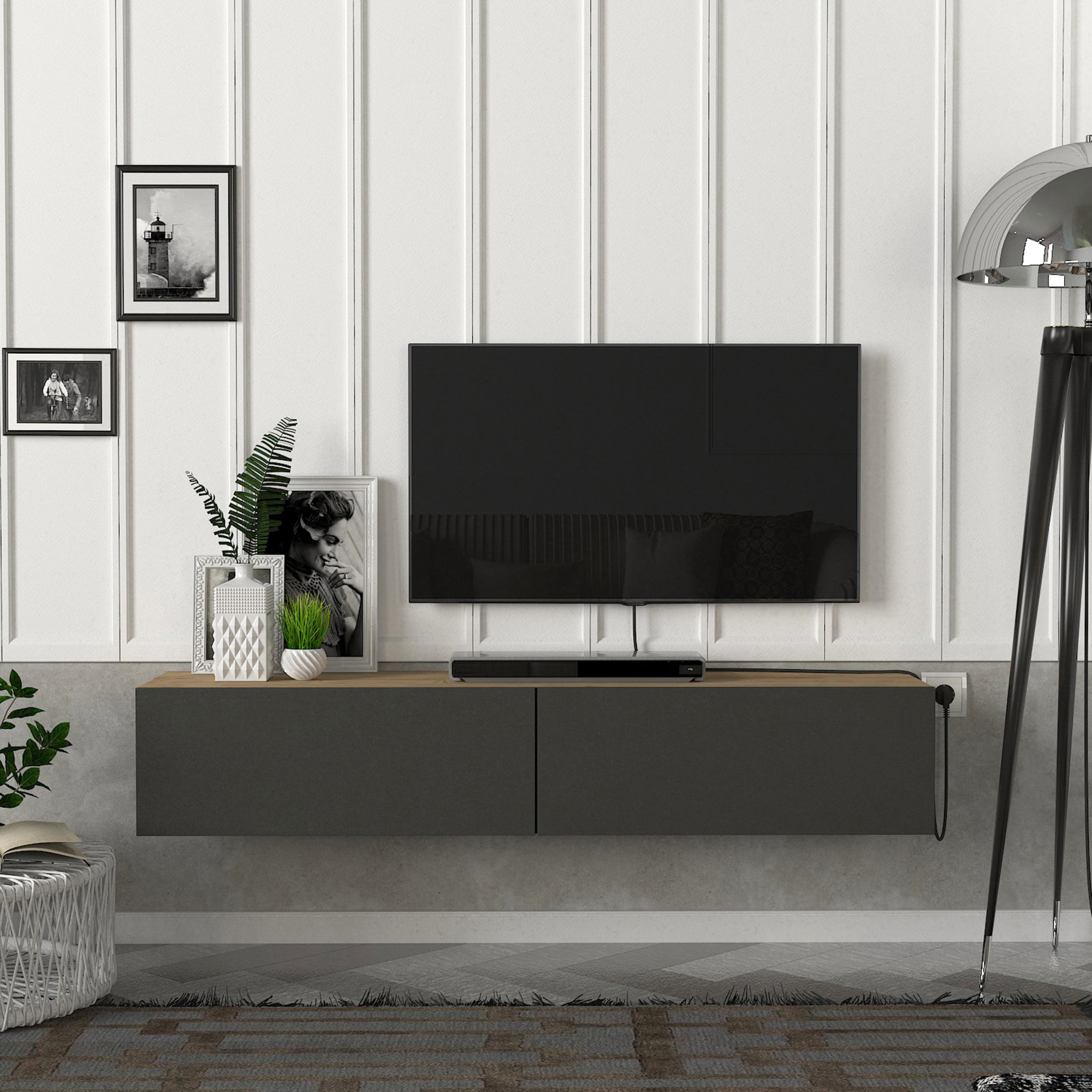Mobile TV da Parete Toivakka con 2 Ante a Ribalta 135 x 31 x 25 cm Effetto Rovere / Antracite [en.casa]